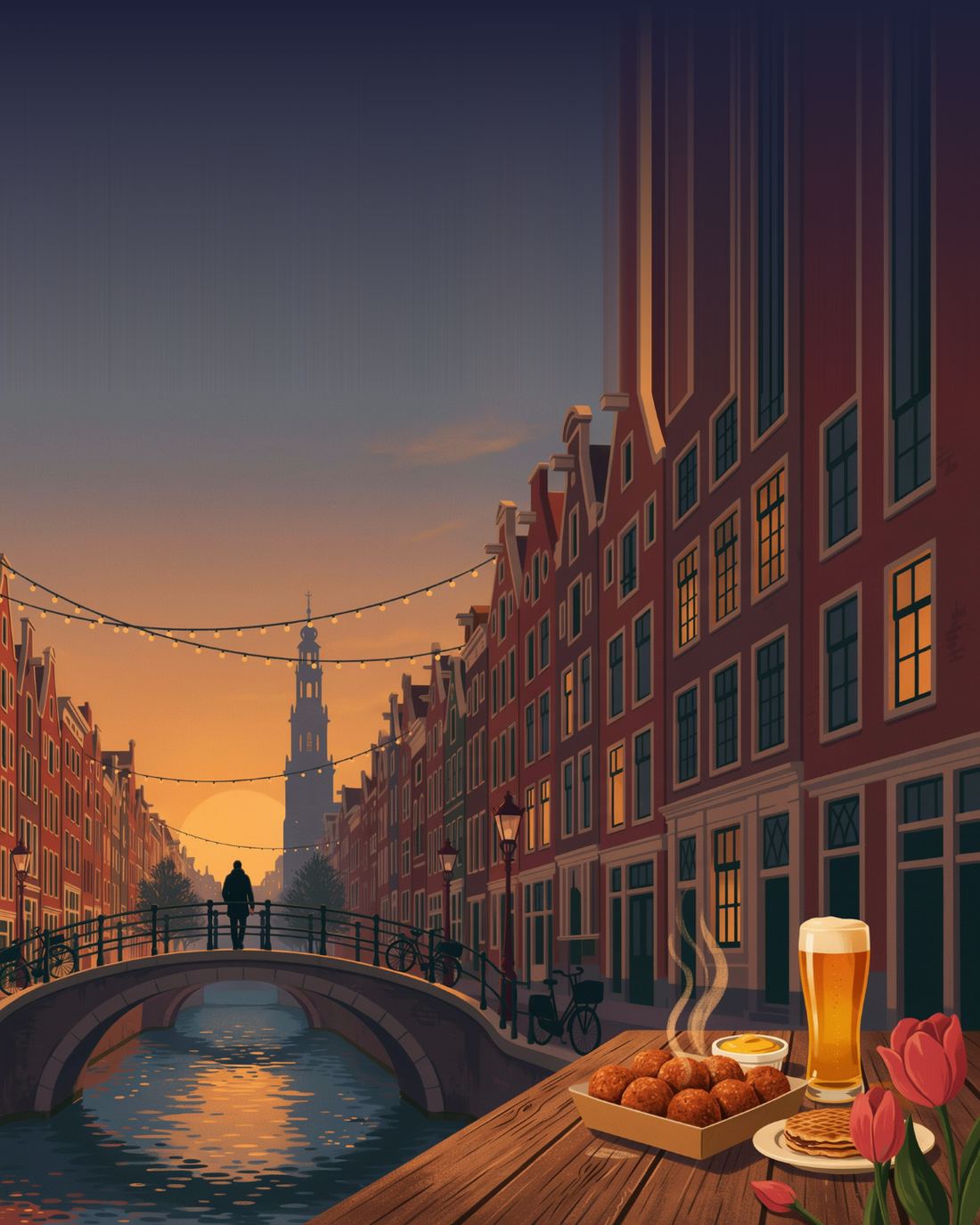 A canal in Amsterdam at sunset lined with red-brick gabled houses and string lights, a humpbacked stone bridge with bicycles parked along its railings, a lone figure standing on the bridge looking toward a church tower silhouetted against the setting sun, tulips along the canal edge, and a tray of bitterballen with mustard, a stroopwafel and a glass of beer on a wooden table in the foreground