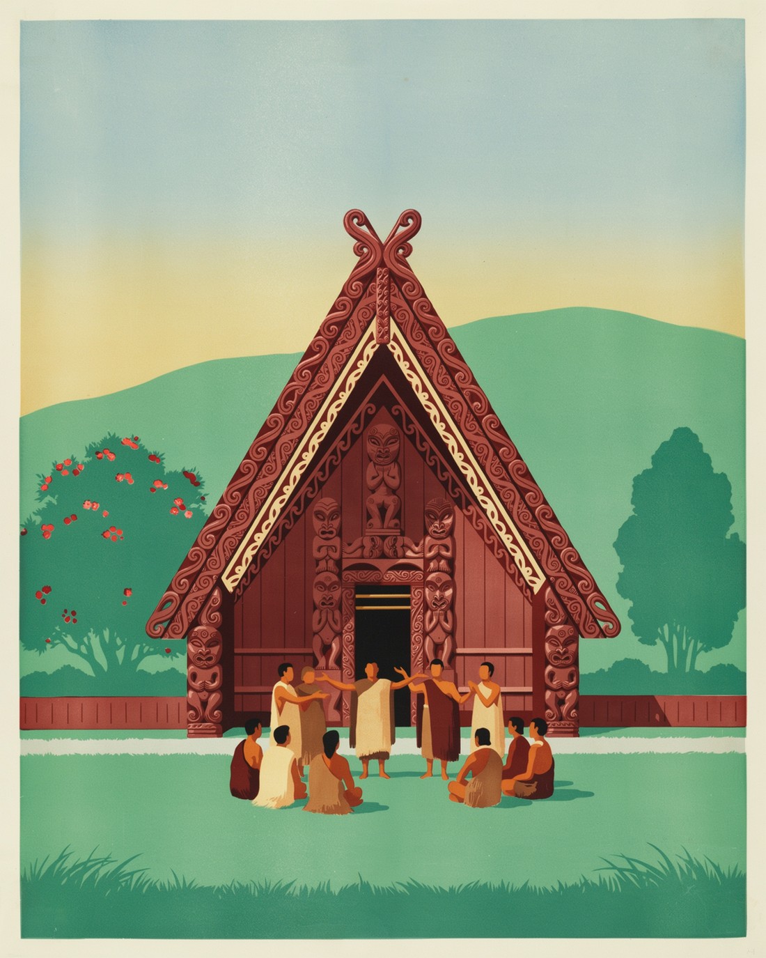 WPA-style illustration of a traditional carved wooden Maori meeting house at golden hour, its gable decorated with flowing spiral patterns and a carved gateway, people gathered warmly on the green in front in a gesture of welcome, native trees and a green hill behind