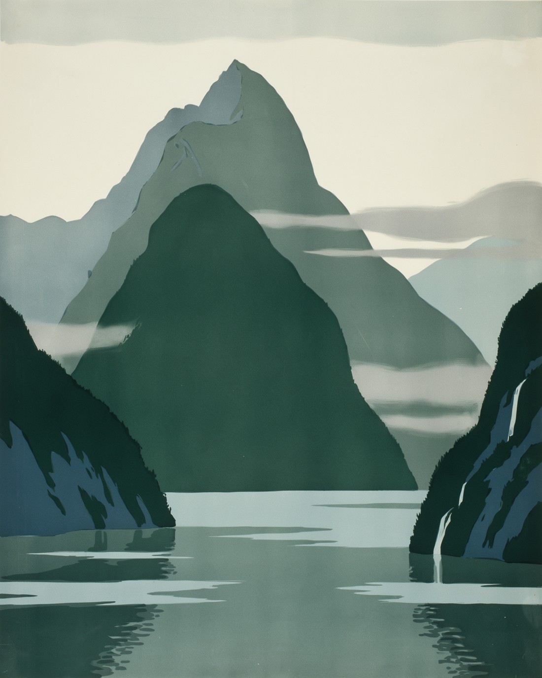 Vintage travel-poster illustration of a deep dark fjord in New Zealand, sheer forested cliffs plunging into still water, the pointed summit of a mountain rising through drifting mist, a slender waterfall down the rock face, and calm reflections below