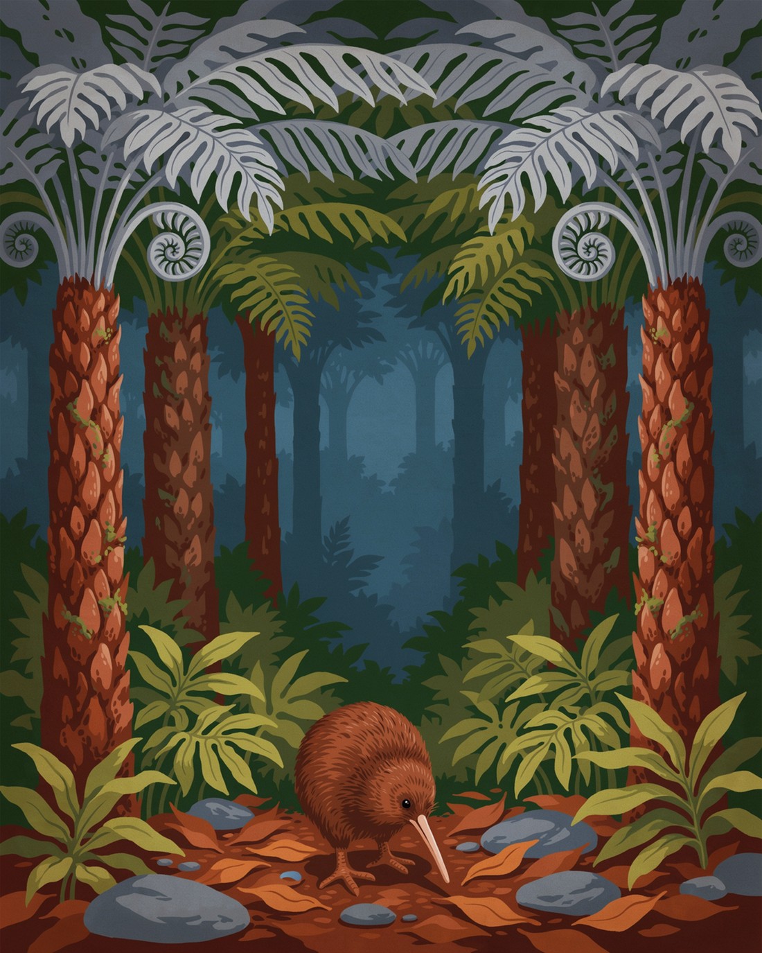 WPA-style illustration of a lush New Zealand native forest at dusk, towering silver tree ferns with unfurling spiral fronds, soft glowing undergrowth, and a small round long-beaked kiwi bird foraging among the ferns