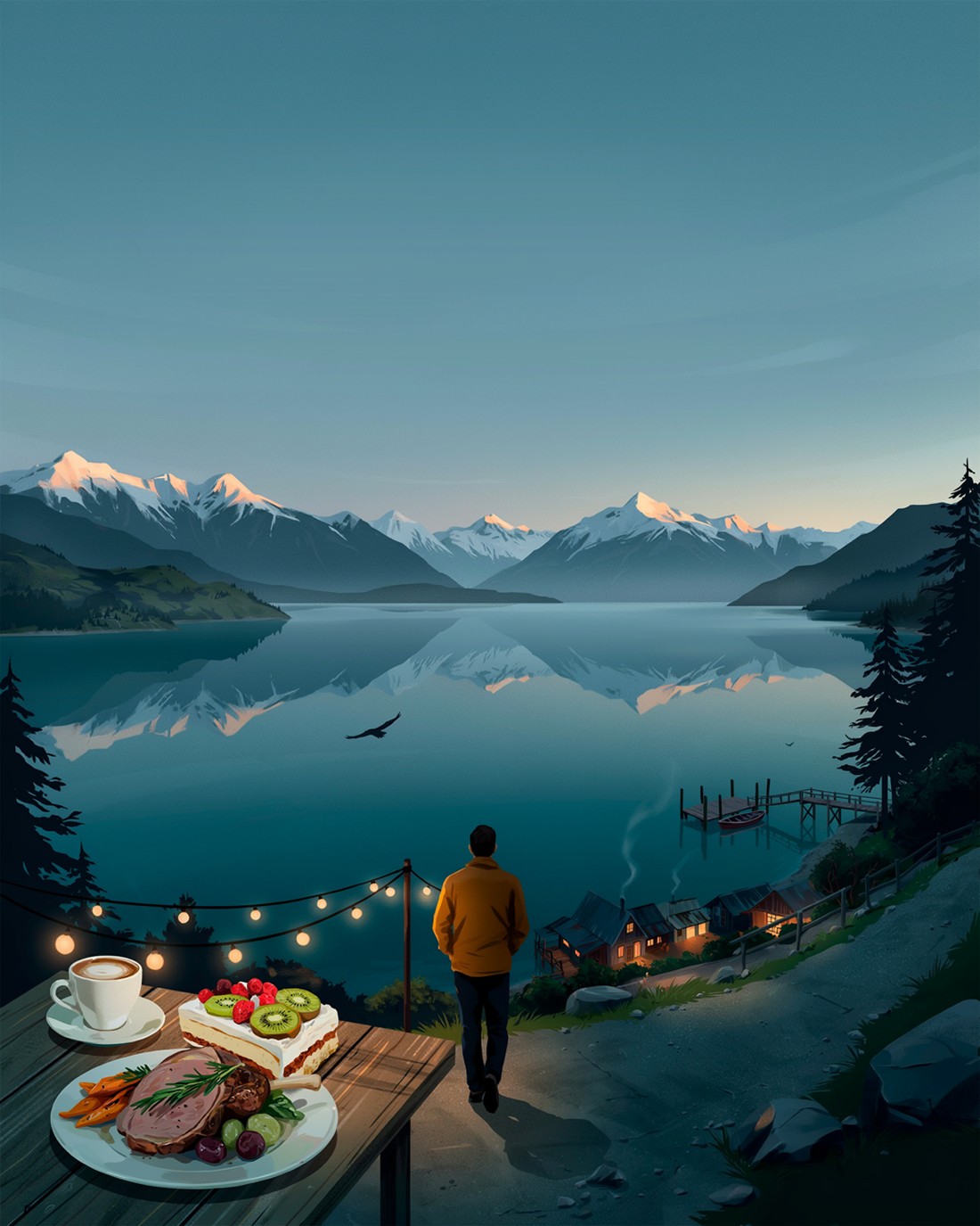 A calm alpine lake town in New Zealand at dusk, snow-capped mountain peaks in silhouette across a mirror-still lake, a small jetty and warm string lights, a lone figure in a warm jacket walking away along the lakefront path toward a glowing cluster of cabins, and in the foreground a wooden table with a flat white coffee, a plate of roast lamb and a slice of pavlova topped with kiwifruit and berries