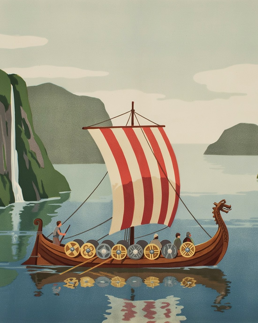 WPA-style illustration of a dragon-prowed Viking longship with a red-and-white striped sail and a row of round shields gliding down a deep, still fjord between sheer green mountains