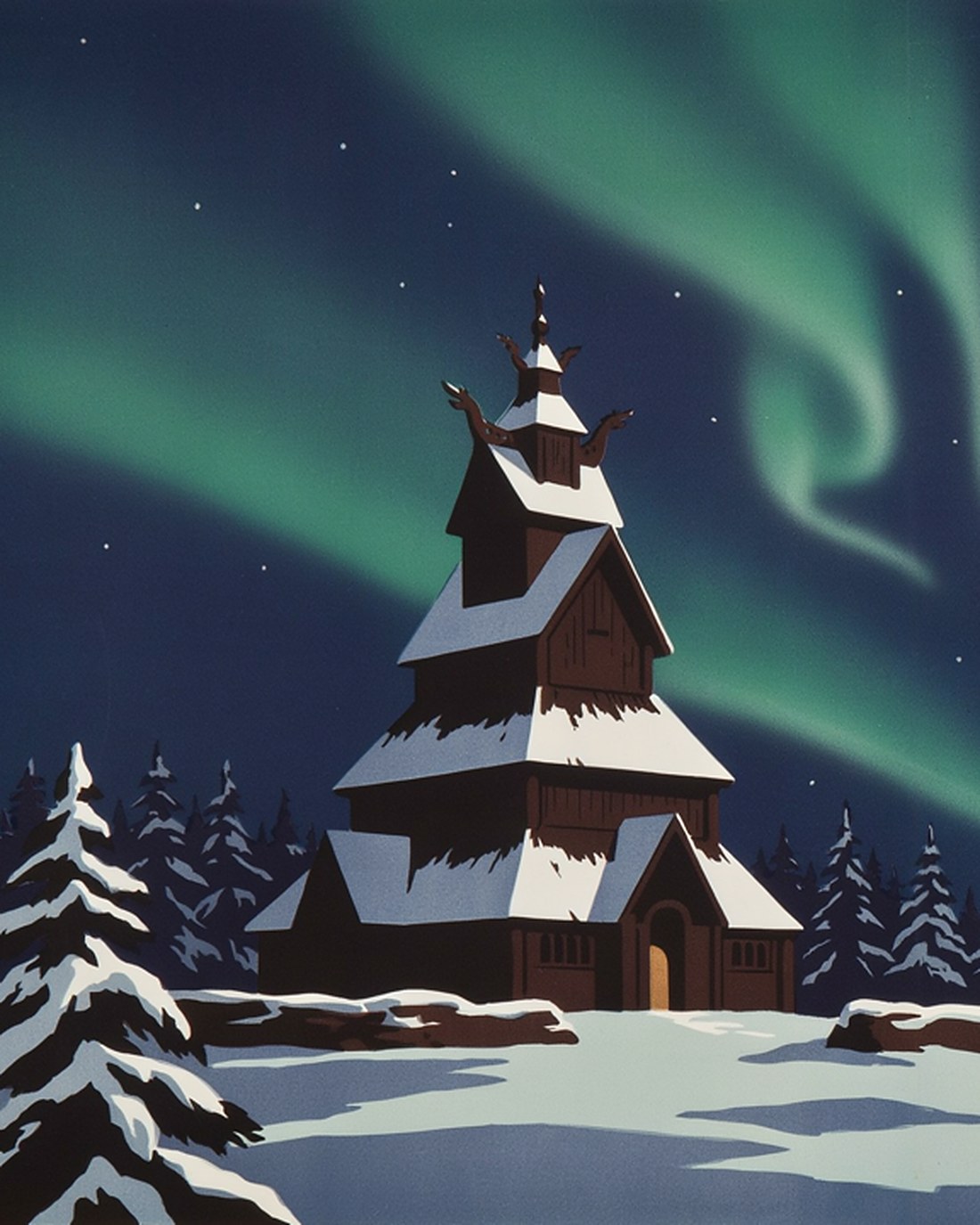 WPA-style illustration of a tall, many-tiered wooden stave church with dragon-head gables silhouetted against a night sky rippling with green northern lights, snow on the timber and pines