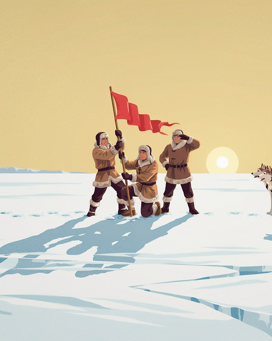 WPA-style illustration of a team of fur-clad polar explorers planting a red flag on a vast plain of ice and snow, sled dogs and a laden sledge beside them, long blue shadows