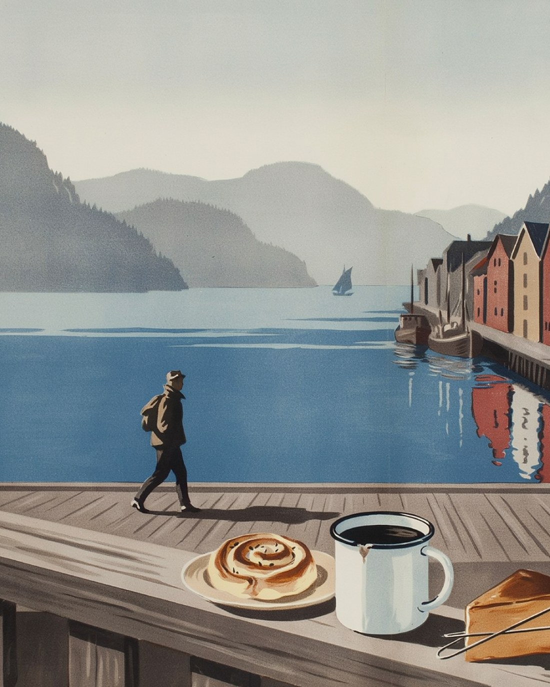 A calm Norwegian fjord under a soft grey sky, a lone figure with a backpack walking along a wooden wharf, a row of colorful gabled wharf warehouses and a small sailing boat across the water with forested mountains behind, and a cinnamon bun, an enamel mug of black coffee and a wedge of brown cheese on the wooden railing in the foreground