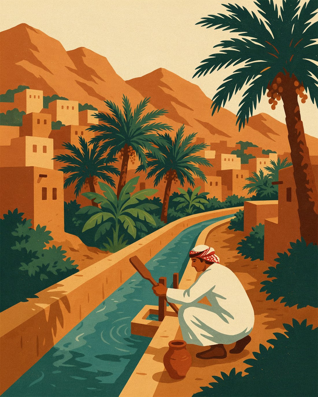 WPA-style illustration of a stone falaj water channel running along a terrace into a green grove of date palms, a farmer in a dishdasha crouching to open a small sluice with a wooden paddle, mud-brick village houses stepping up the rocky slope behind