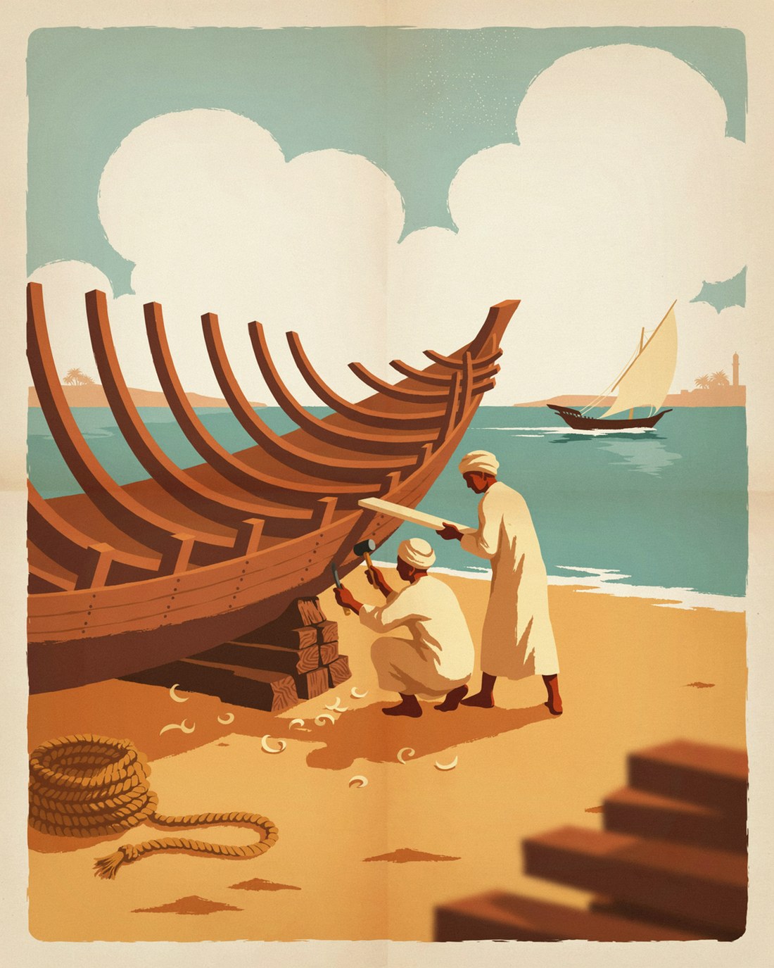 WPA-style illustration of a wooden dhow under construction in a boatyard at Sur, the ribbed hull skeleton propped on timber blocks with two shipwrights in dishdashas planking it by hand, coiled rope and wood shavings on the sand and a finished dhow under sail beyond