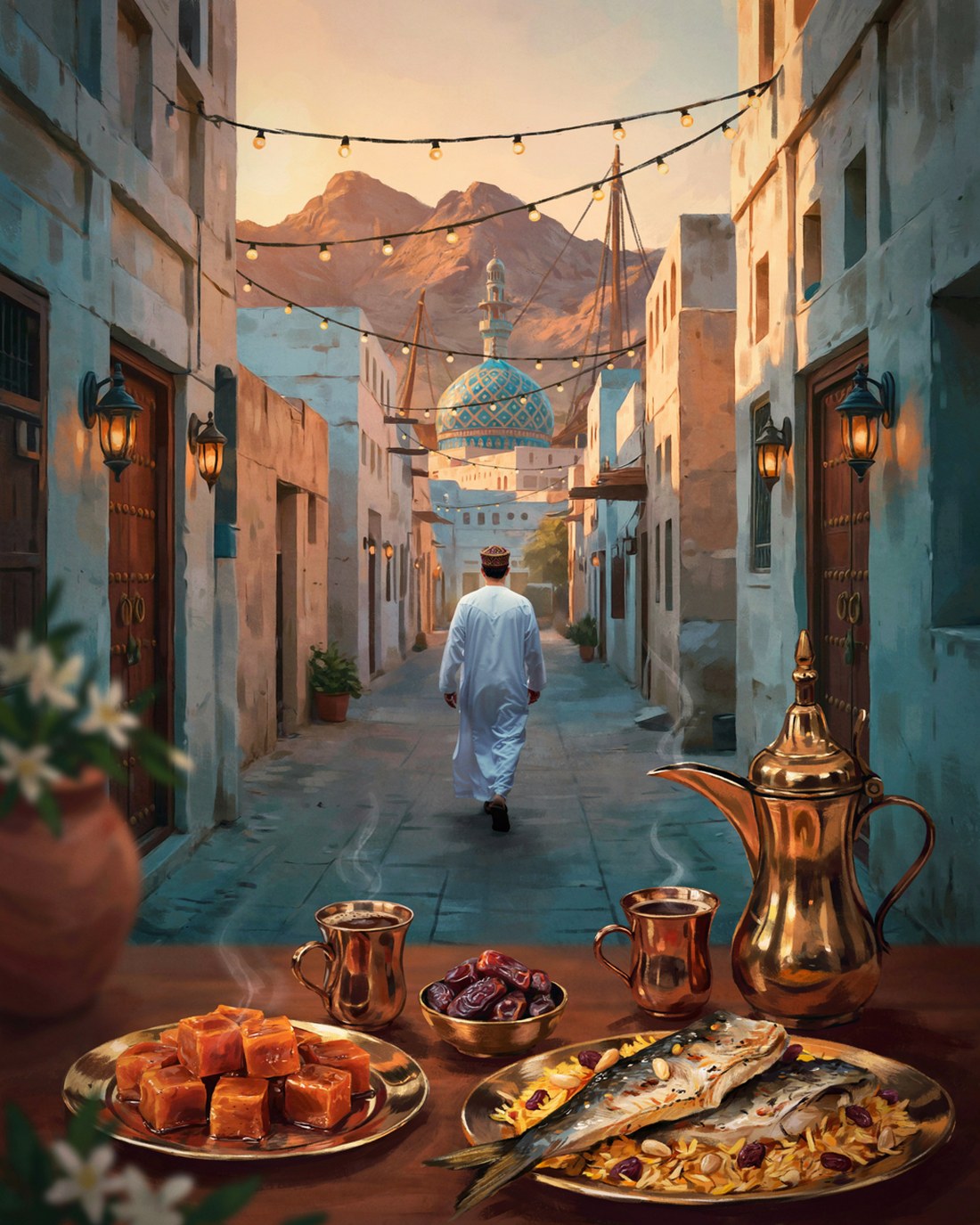 A quiet old-town lane in Muscat at golden hour with whitewashed and sand-toned buildings, carved teak doors and iron lantern sconces, a mosque with a blue and gold dome and slim minaret beyond, bare rocky mountains behind the rooftops, string lights overhead, a figure in a white dishdasha and embroidered kuma cap walking away up the lane, and a brass dallah coffee pot with two cups of kahwa, a plate of amber Omani halwa, a bowl of dates and grilled fish with saffron rice on a wooden table in the foreground