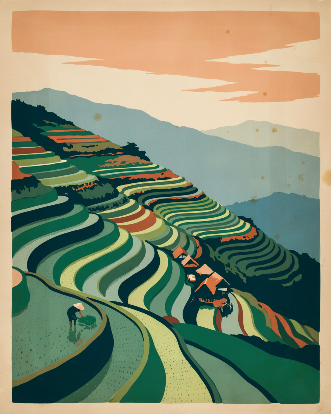 WPA-style illustration of the Banaue rice terraces in the northern Philippines, vast emerald stepped paddies carved up steep mountainsides into the mist with a lone farmer and nipa huts