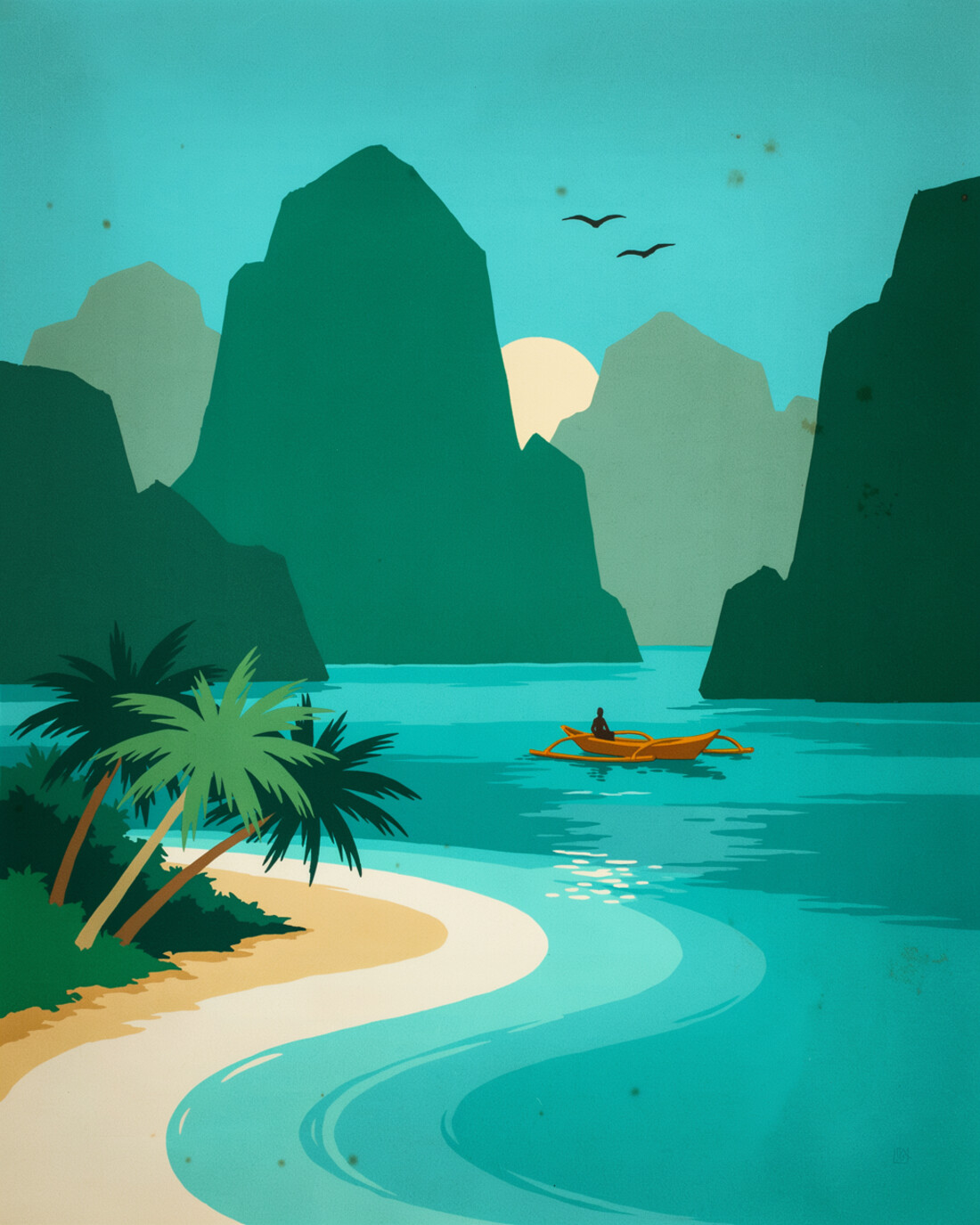 WPA-style illustration of a tropical lagoon in El Nido, Palawan, towering limestone karst cliffs rising from turquoise water with a wooden bangka outrigger boat and a white-sand cove