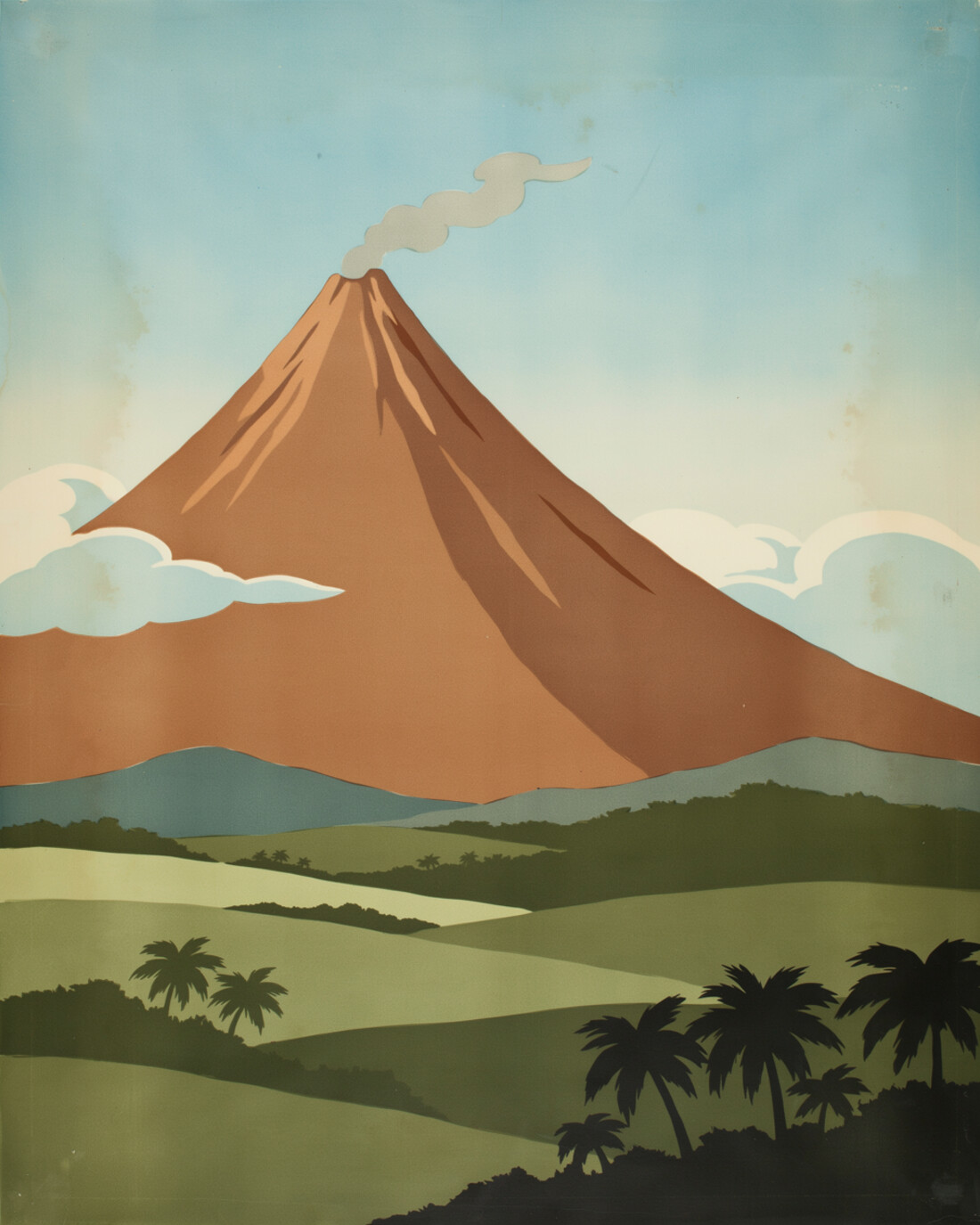 WPA-style illustration of the near-perfect cone of Mayon Volcano in the Philippines rising above green fields and coconut palms with a wisp of smoke at its summit