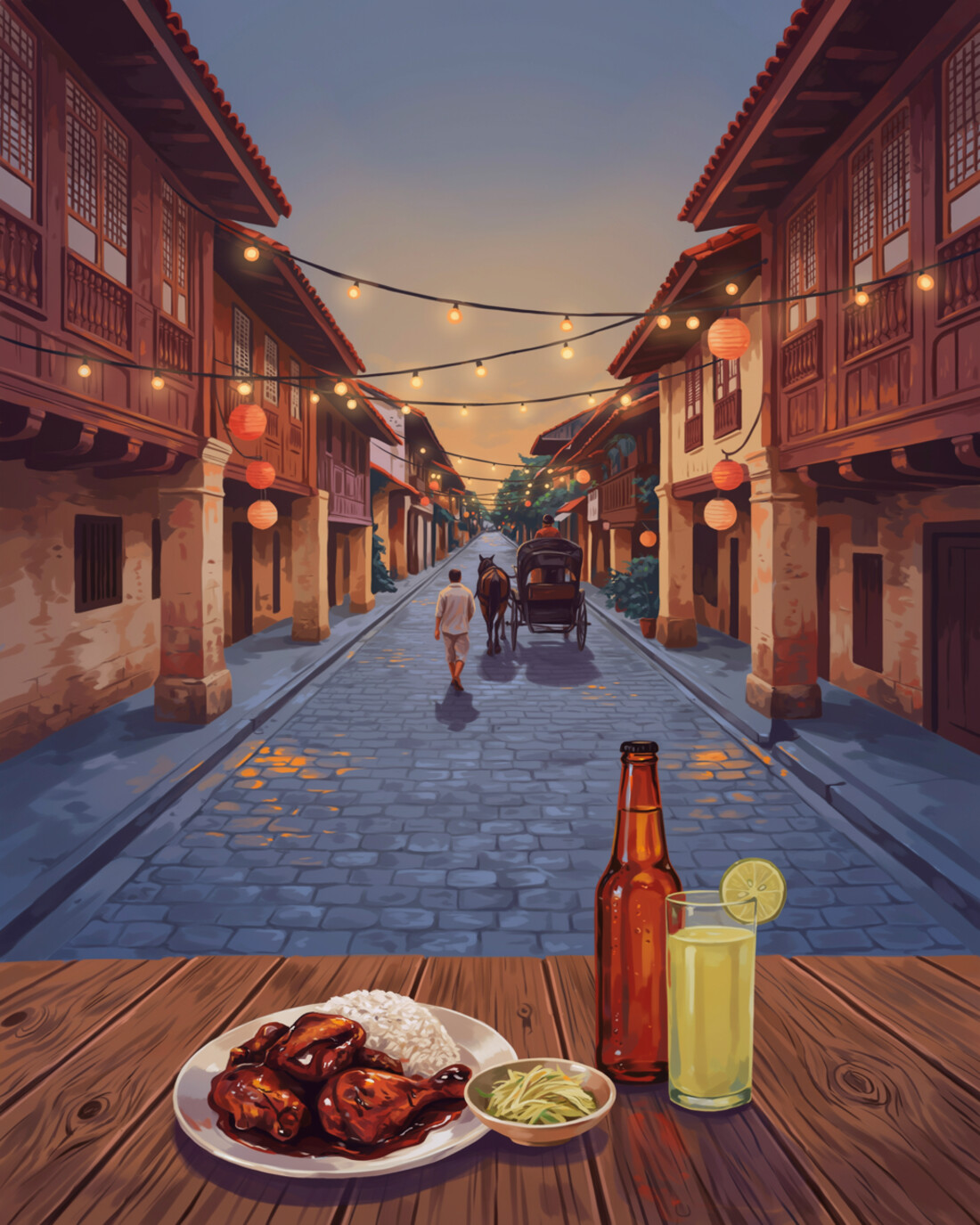 The historic cobblestone street of Calle Crisologo in Vigan, the Philippines at dusk, lined with preserved Spanish-colonial heritage houses with wooden capiz-shell windows and balconies, a horse-drawn kalesa carriage in the distance, warm string lights and paper lanterns strung across the lane, a lone figure walking away, and a plate of chicken adobo with rice and atchara, a bottle of beer and a glass of calamansi juice on a wooden table in the foreground