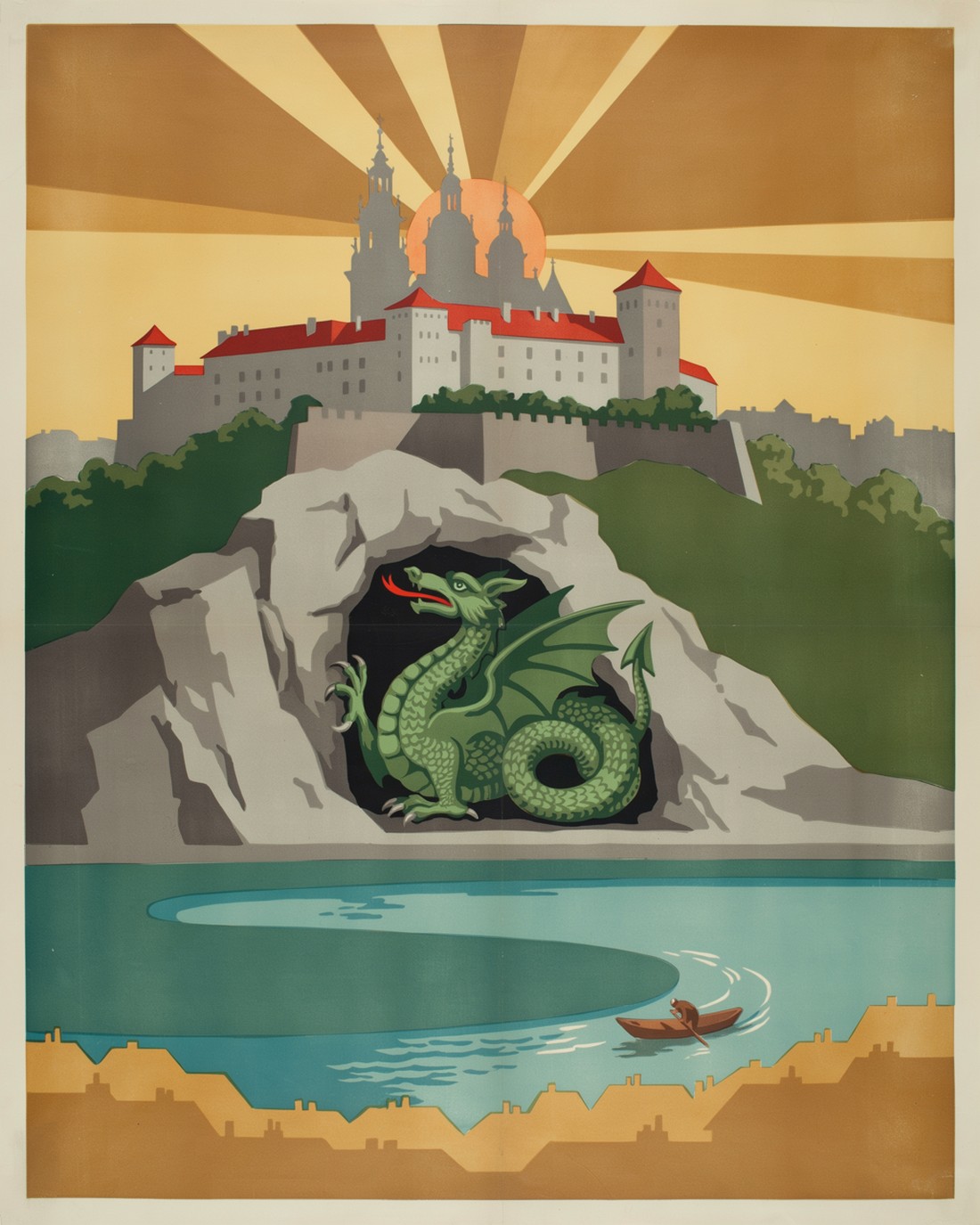 WPA-style illustration of the legendary green Wawel Dragon coiled at the mouth of its cave at the foot of Wawel Hill, the stone castle and cathedral rising above and the Vistula river curving past below