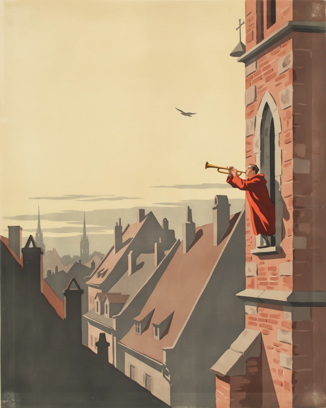 WPA-style illustration of a lone trumpeter in a red cloak leaning from the high window of a tall brick church tower at dawn, playing a brass bugle out over the misty red rooftops of the old town