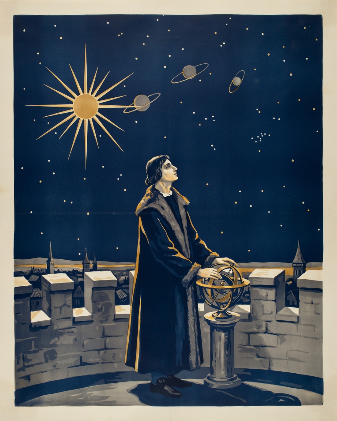 WPA-style illustration of the astronomer Nicolaus Copernicus in a fur-trimmed robe on a stone tower balcony at night, a hand on a brass armillary sphere, gazing at a sky of stars with the sun and planets suggested above