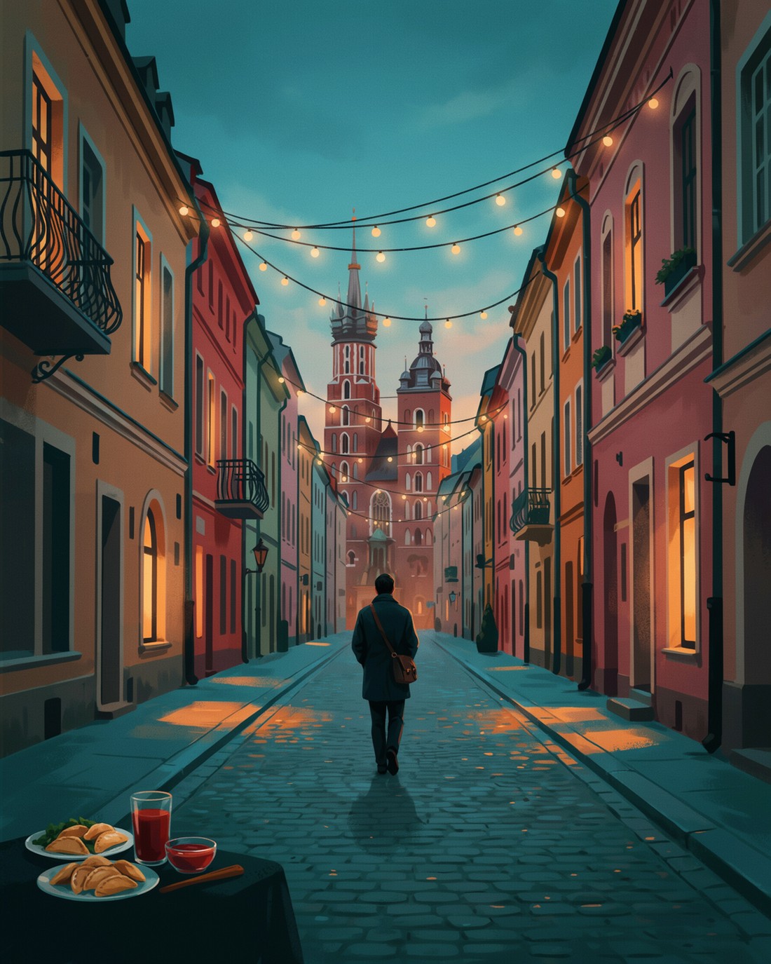 A quiet Krakow old-town street at dusk with warm string lights strung between pastel townhouses whose tall windows glow amber, cobblestones underfoot, and the two uneven brick towers of St Mary's Basilica rising against a deep teal sky. A lone figure seen from behind walks away down the street toward the towers, and in the foreground on a wooden table sits a plate of pierogi with a dollop of sour cream beside a small bowl of ruby-red barszcz, gently steaming