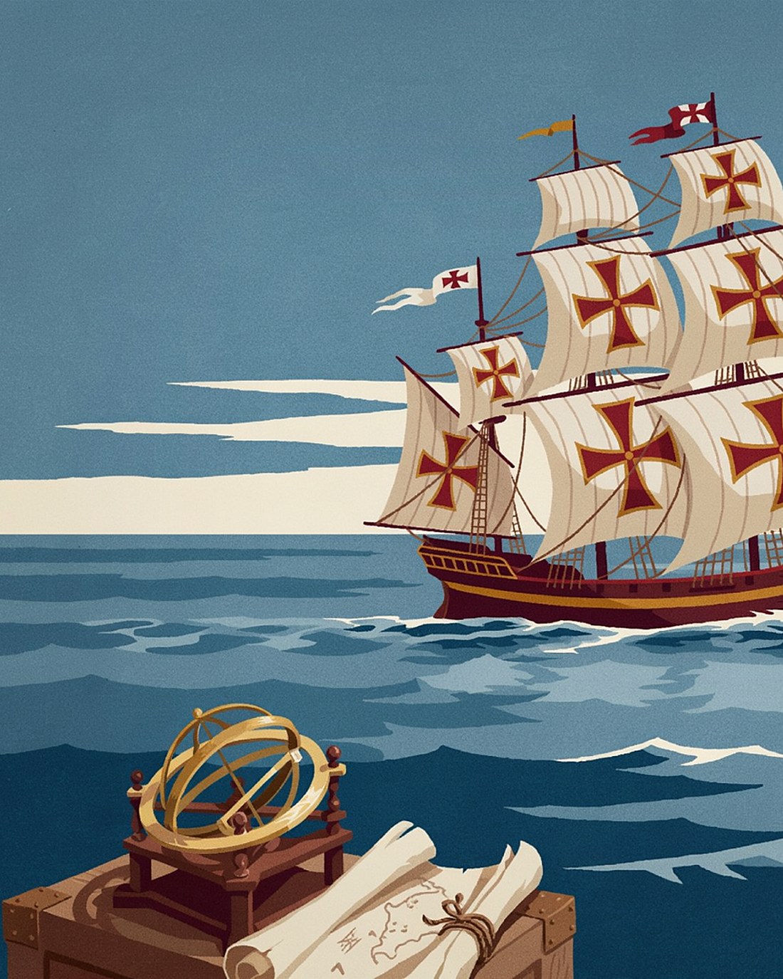 WPA-style illustration of a Portuguese Age of Discovery sailing ship with cross-marked sails leaving the Tagus at dawn, an astrolabe and charts on deck, the Belem tower in the distance