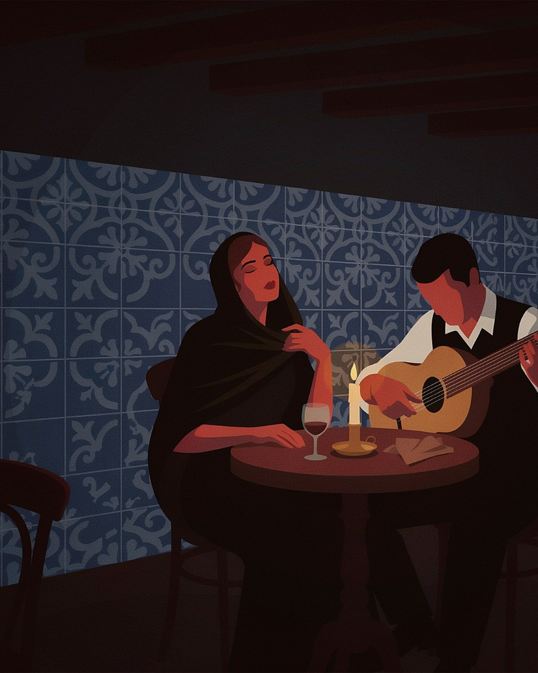 WPA-style illustration of a fado singer in a black shawl singing with eyes closed in a candlelit Lisbon tavern, a musician beside her playing a round twelve-string Portuguese guitar