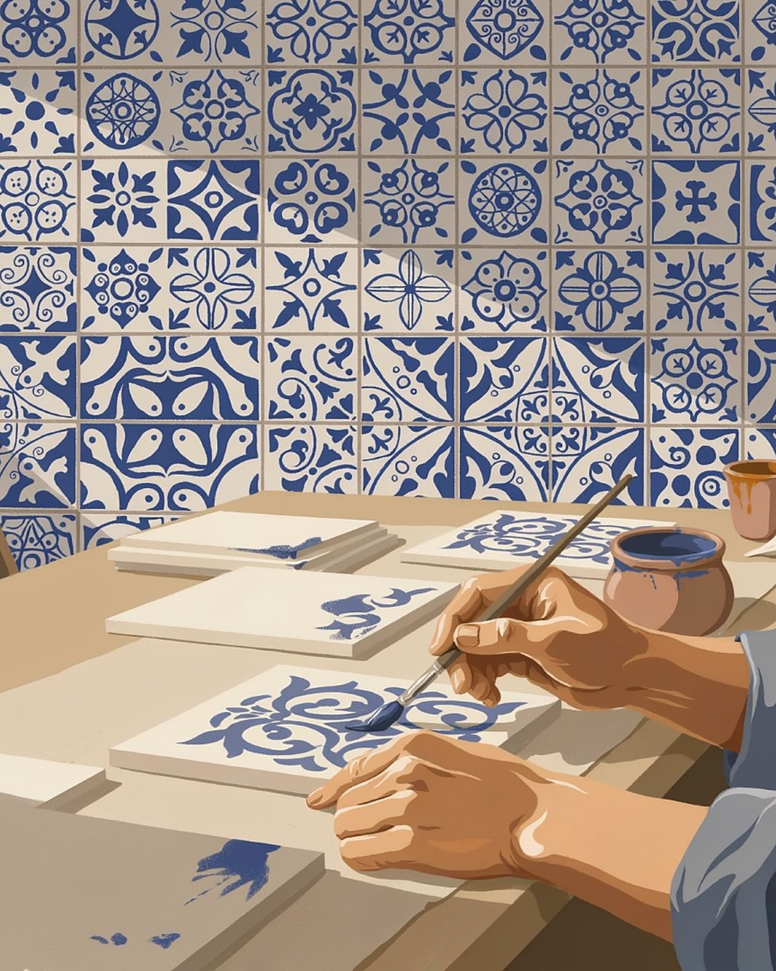 WPA-style illustration of a craftsman's hands painting cobalt-blue patterns onto white ceramic tiles, a wall of blue-and-white azulejos behind, sunlit workshop