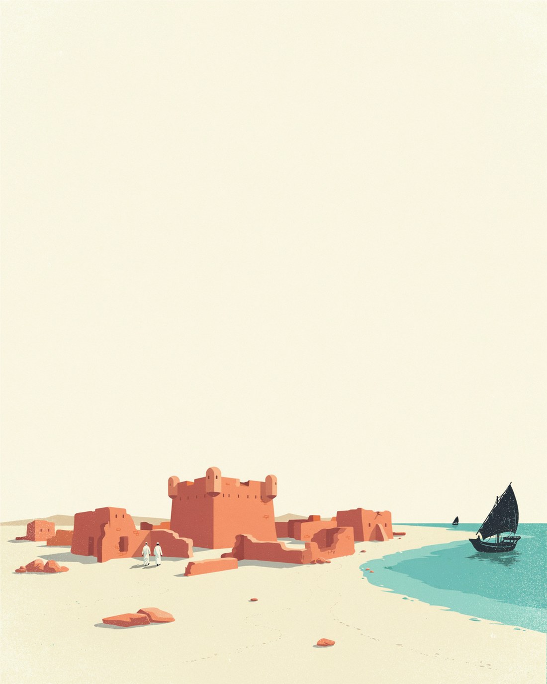 WPA-style illustration of the ruined pearling town of Al Zubarah on the north Qatari coast, low coral-stone walls and the square outline of a fort with corner towers standing in flat pale desert beside a shallow turquoise sea, with a wooden pearling dhow anchored offshore