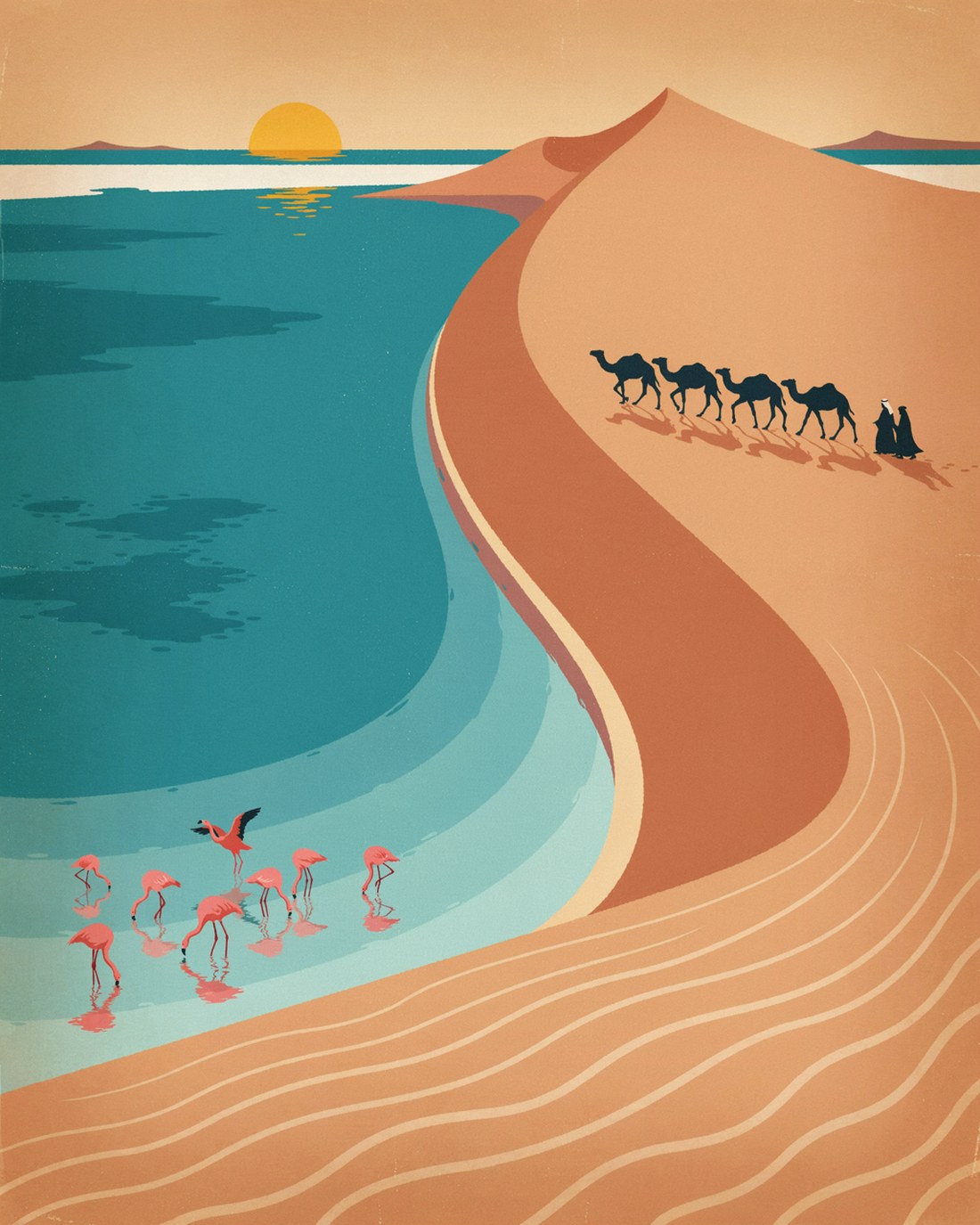 WPA-style illustration of Khor Al Adaid in southern Qatar, tall crescent dunes running down into a still turquoise saltwater inlet with wind-carved ripples in the sand, small robed figures and camels silhouetted on the dune crest and flamingos wading in the shallows