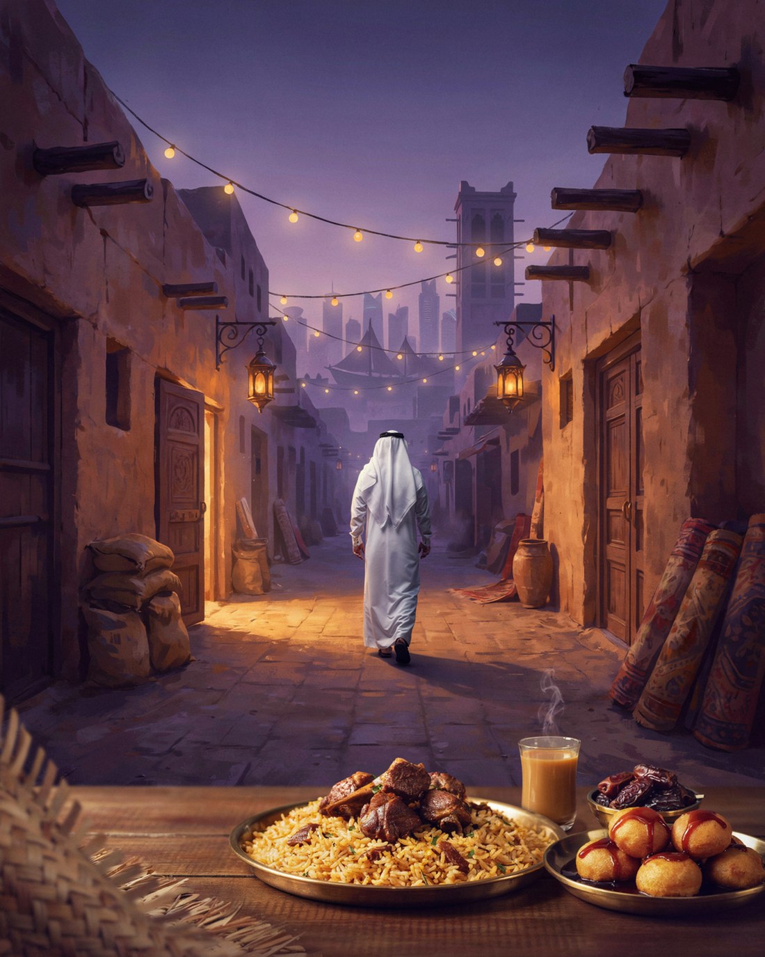 A quiet lane in Souq Waqif, Doha at dusk with mud-rendered ochre walls and exposed wooden beam ends, heavy carved doors, a wind tower above the rooftops, iron lanterns and string lights overhead, a figure in a white thobe and headdress walking away down the lane, the Doha skyline faint in the violet haze beyond, and a platter of machboos with lamb, a glass cup of karak chai, a bowl of golden luqaimat drizzled with date syrup and a dish of dates on a wooden table in the foreground