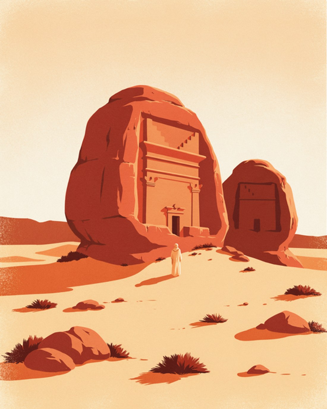 WPA-style illustration of Hegra at AlUla, monumental Nabataean tombs carved into isolated rounded sandstone outcrops rising from desert sand, an ornate facade with a stepped crown and flanking columns cut into the rock face, a single robed figure small at the base for scale, low raking light and long shadows