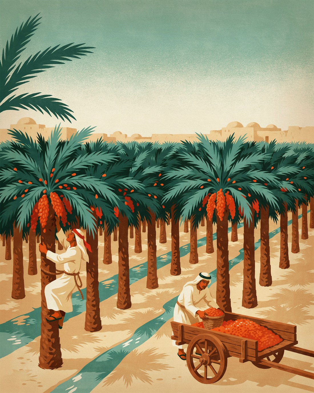 WPA-style illustration of the Al-Ahsa date palm oasis, dense rows of palms stretching to the horizon with heavy orange date clusters in the crowns, a farmer in a thobe climbing a palm trunk with a rope harness while another loads a basket of dates onto a cart, clear irrigation channels running between the trunks