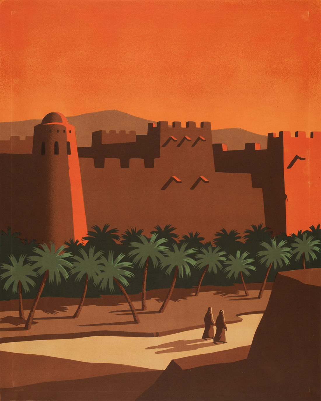 WPA-style illustration of the mud-brick Najdi palaces of At-Turaif in Diriyah at sunset, tiered earthen walls with triangular vent openings and stepped crenellations glowing deep orange, a rounded watchtower, date palms filling the dry wadi below and two robed figures on a path at the base