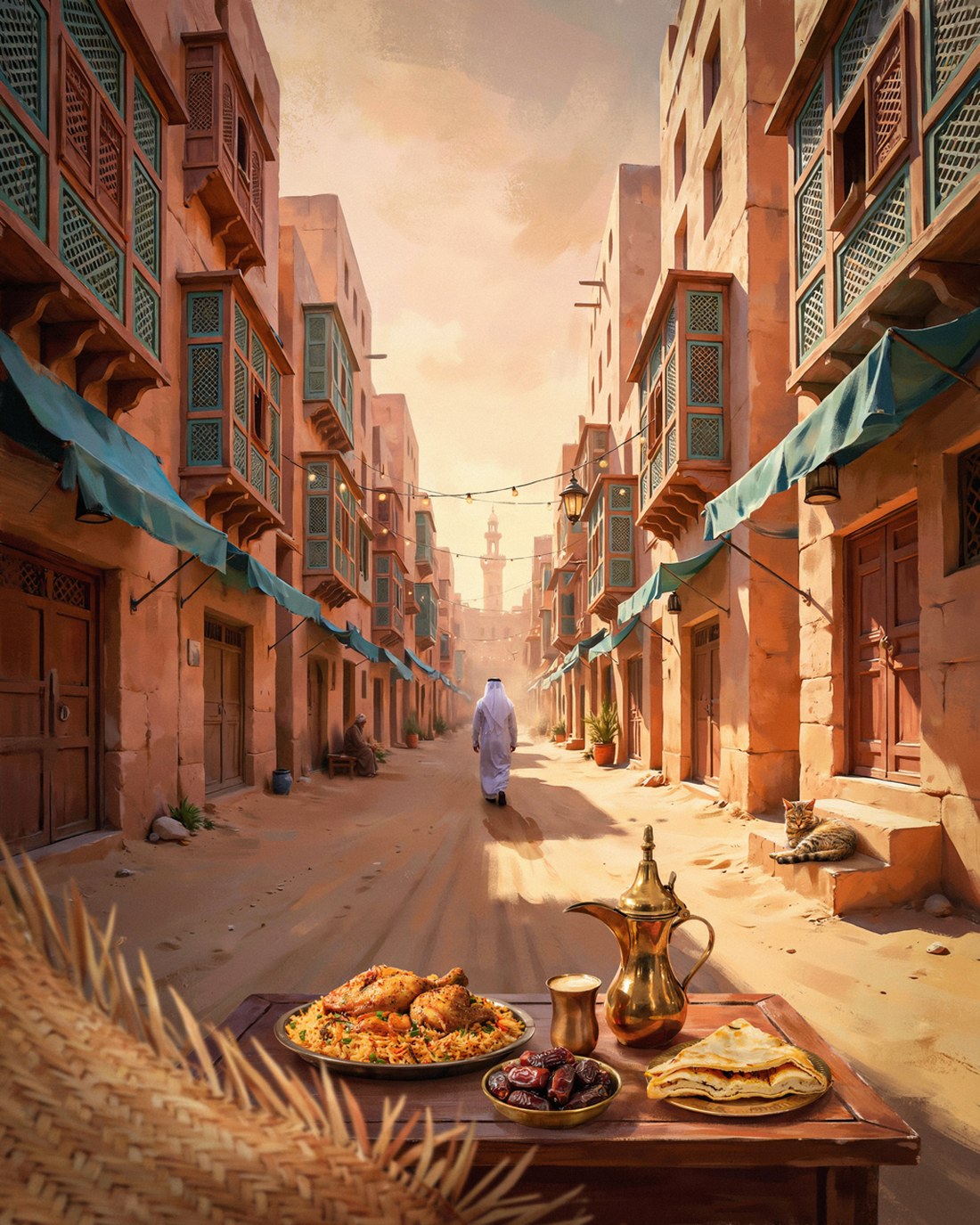 A quiet lane in Al-Balad, historic Jeddah at golden hour with tall coral-stone townhouses four storeys high, their facades covered in intricate turquoise and brown rawasheen wooden lattice bay windows leaning over a narrow sandy lane, iron lanterns and string lights overhead, a figure in a white thobe walking away up the lane, and a platter of kabsa with chicken, a brass dallah with a small cup of pale Saudi qahwa, a bowl of dates and a folded mutabbaq on a wooden table in the foreground