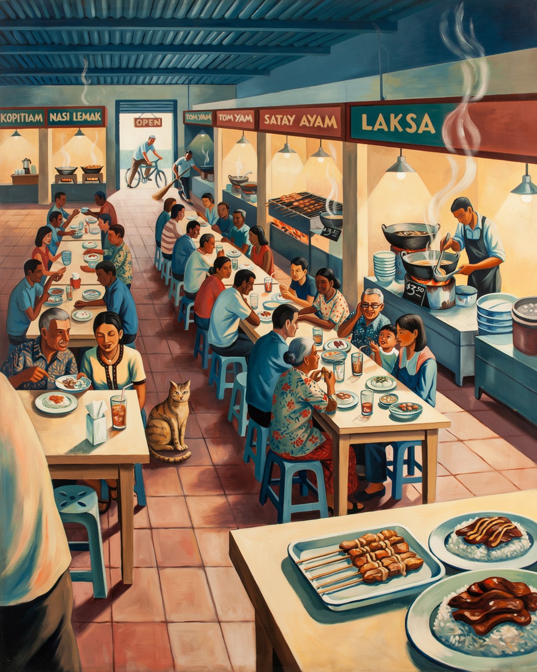 WPA-style illustration of a bustling open-air hawker centre under warm lights, long communal tables packed with diners of many backgrounds, steam rising from rows of food stalls, a cook ladling noodle soup, plates of rice and satay skewers, a folded packet of tissues holding a seat at an empty table