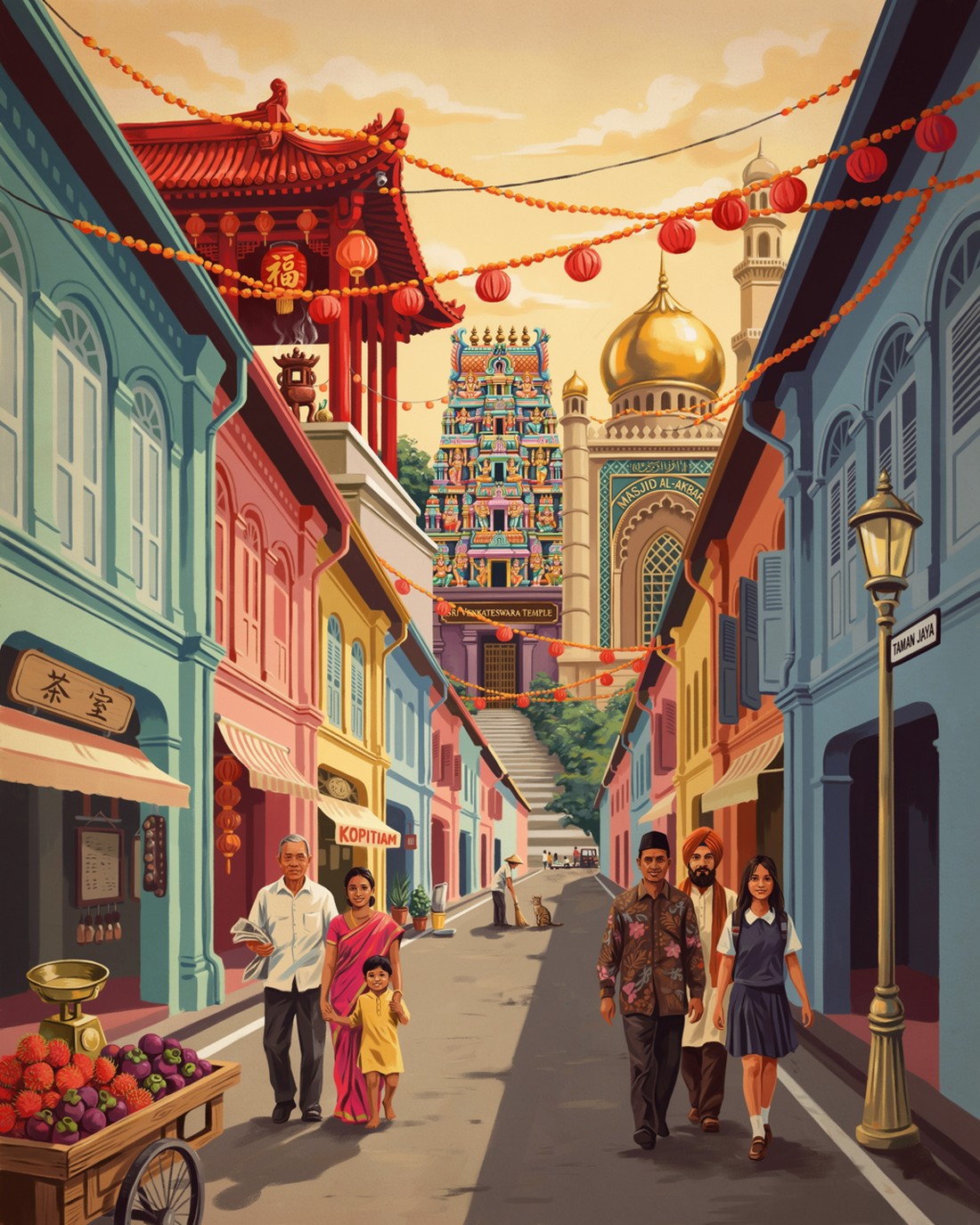 WPA-style illustration of a Singapore street where a Chinese temple, an Indian temple with a colorful tiered tower, a mosque with a golden dome and a row of pastel colonial shophouses stand along the same lane, people in varied dress walking together, lanterns and garlands overhead, warm afternoon light