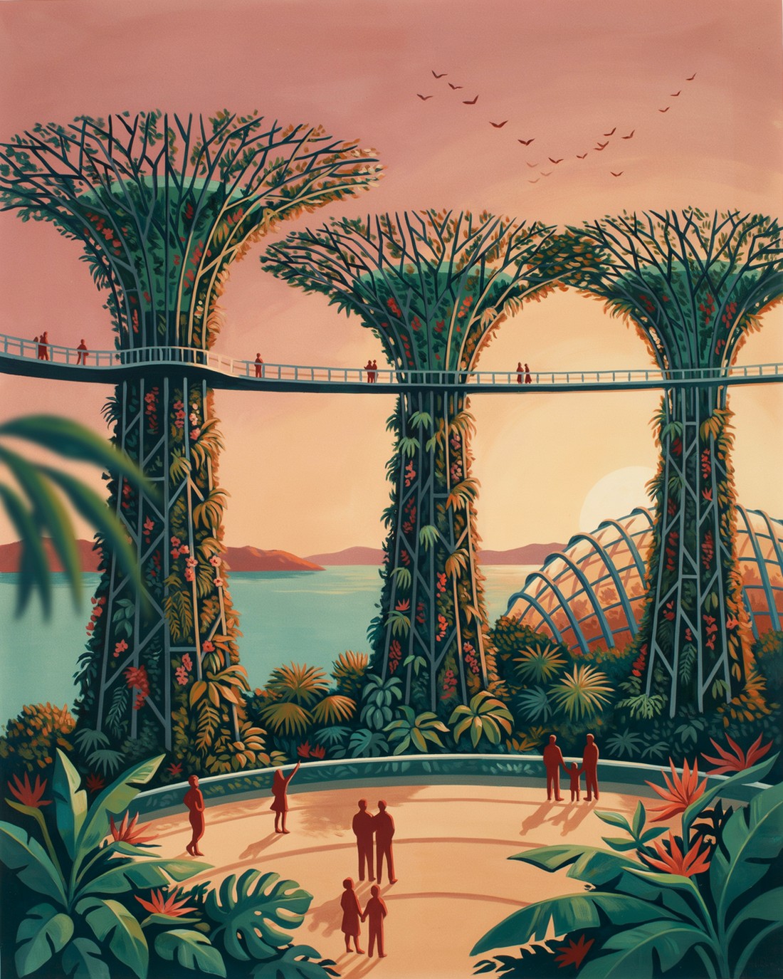 WPA-style illustration of the towering steel-and-plant Supertrees of a bayside garden joined by an elevated walkway, lush greenery cascading down their trunks, a glass conservatory dome nearby, visitors strolling below among tropical foliage, birds in flight, golden evening sky