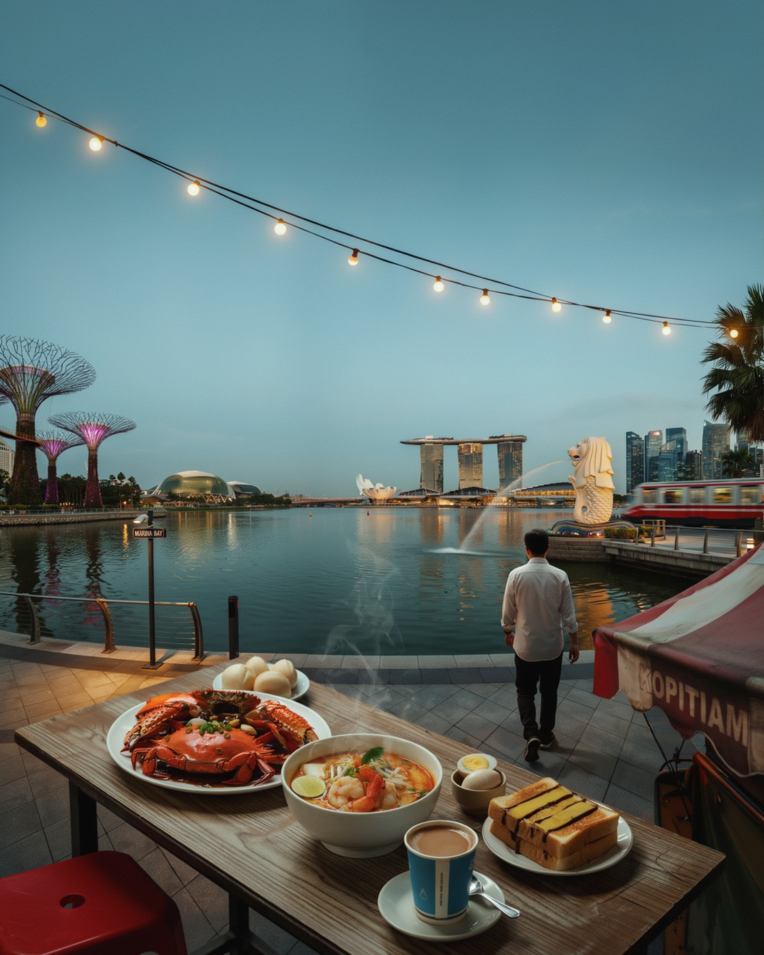 A warm Singapore evening at dusk along Marina Bay, glowing hotel towers and the lit domes and steel Supertrees of a waterfront garden reflected in the water, string lights overhead, a lone figure walking toward a lion-headed fountain statue spouting water with the bay and a slender skyline in silhouette, a red and white train crossing a bridge behind, and a plate of chili crab, a bowl of laksa, kaya toast and a cup of kopi on a wooden hawker-centre table in the foreground