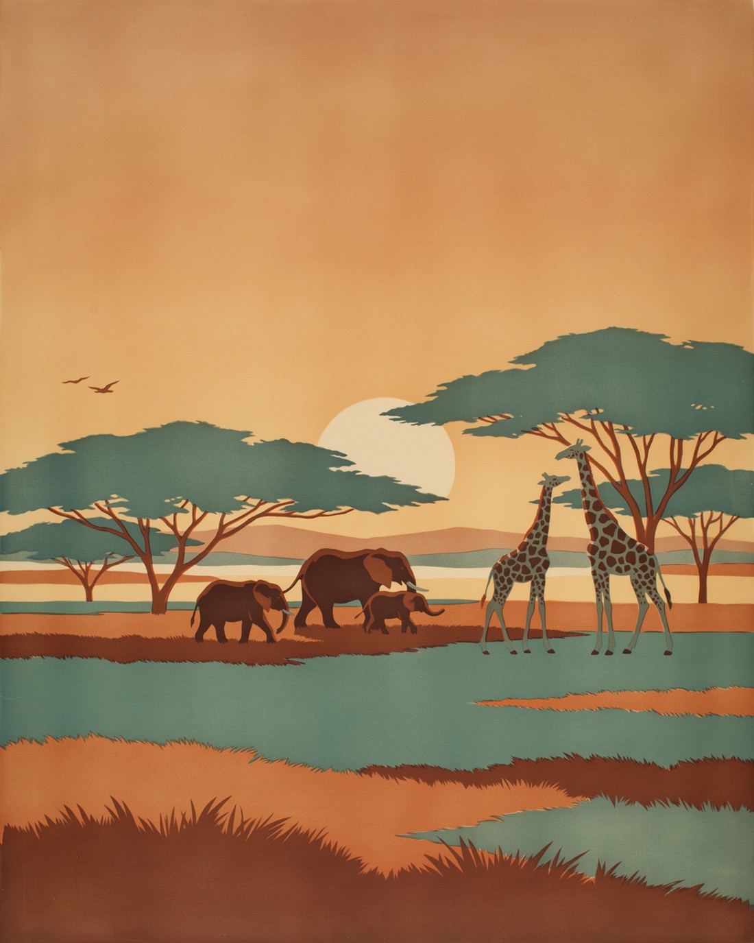 Vintage WPA travel-poster illustration of a South African safari at sunset, elephants and two giraffes among flat-topped acacia trees on the open savanna, distant low hills and a large soft sun, in flat blocks of ochre, burnt umber, dusty green and warm orange