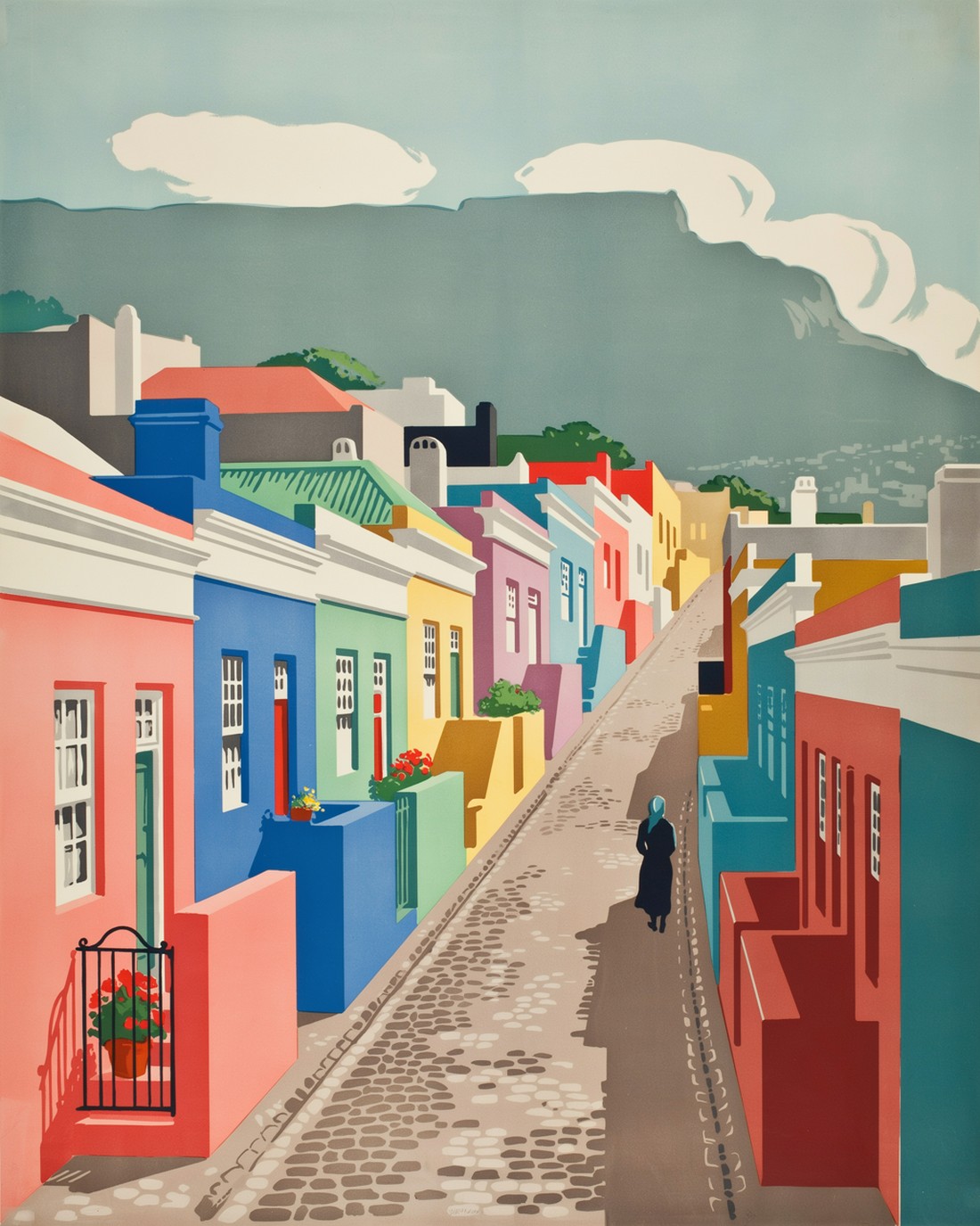 Vintage WPA travel-poster illustration of the Bo-Kaap quarter in Cape Town, a steep cobbled street lined with brightly painted flat-fronted houses in pink, blue, green and yellow climbing the hill, with the soft silhouette of Table Mountain behind, in bold flat blocks of color