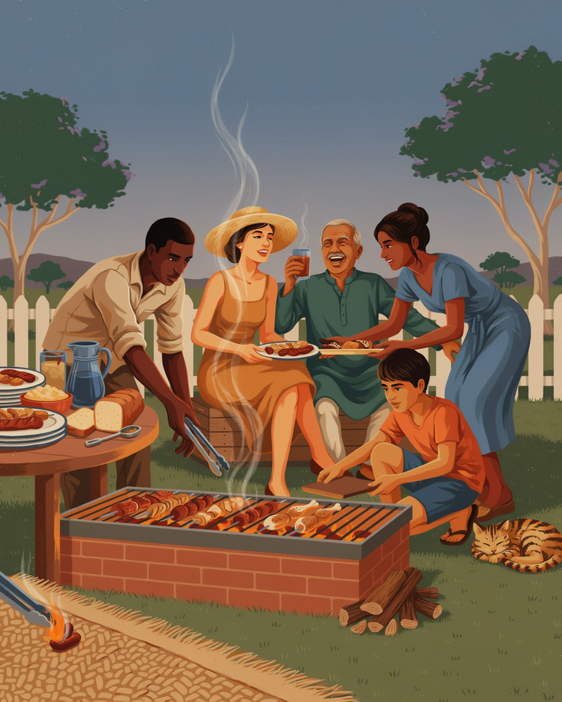 Vintage WPA travel-poster illustration of a South African braai, a warm and diverse group of friends gathered around an outdoor fire and grill at golden hour, sharing plates of grilled food, with a simple backyard fence and trees behind, in flat blocks of ember orange, ochre, deep green and dusk blue