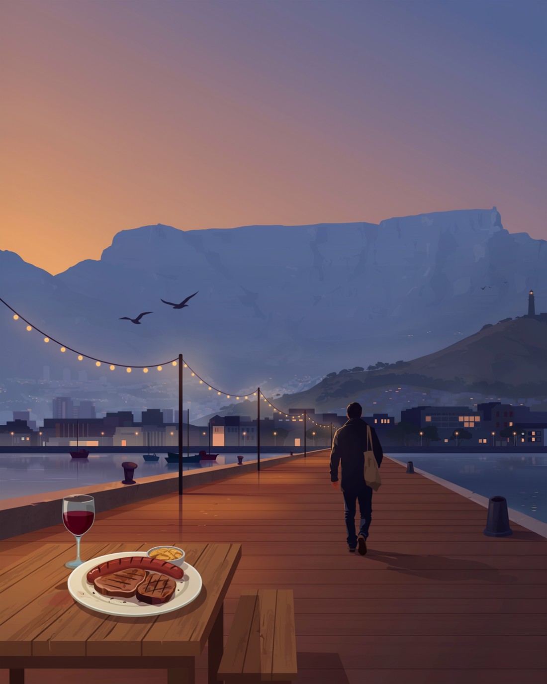 A flat editorial illustration of Cape Town at dusk. A lone figure in a dark jacket with a tote bag walks away along a wooden waterfront boardwalk toward a lit harbour, the flat-topped silhouette of Table Mountain rising behind the city under a blue and warm-gold sky, with strings of small bulbs, moored boats and a lighthouse on a distant hill, and in the foreground a wooden table holding a glass of red wine and a plate of grilled steak and boerewors sausage with a small side dish