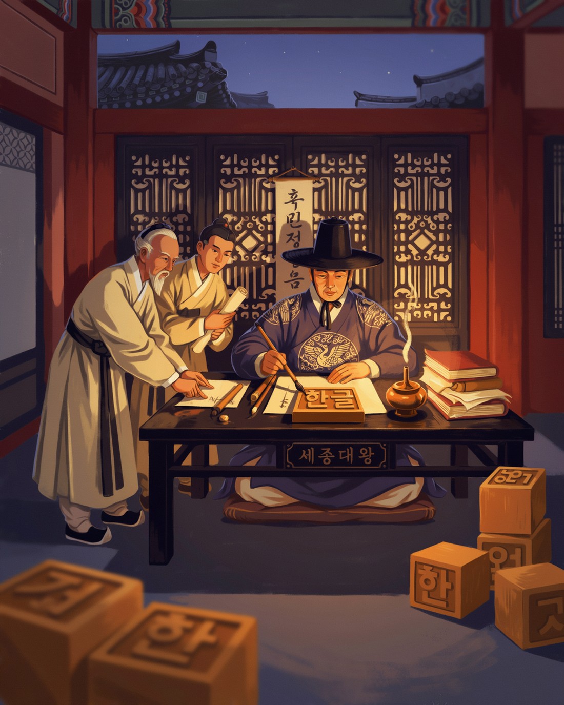 WPA-style illustration of King Sejong the Great seated at a low wooden desk by warm lamplight, a writing brush in hand and an unrolled blank scroll before him, robed Joseon-era scholars gathered nearby, the eaves of a palace hall beyond