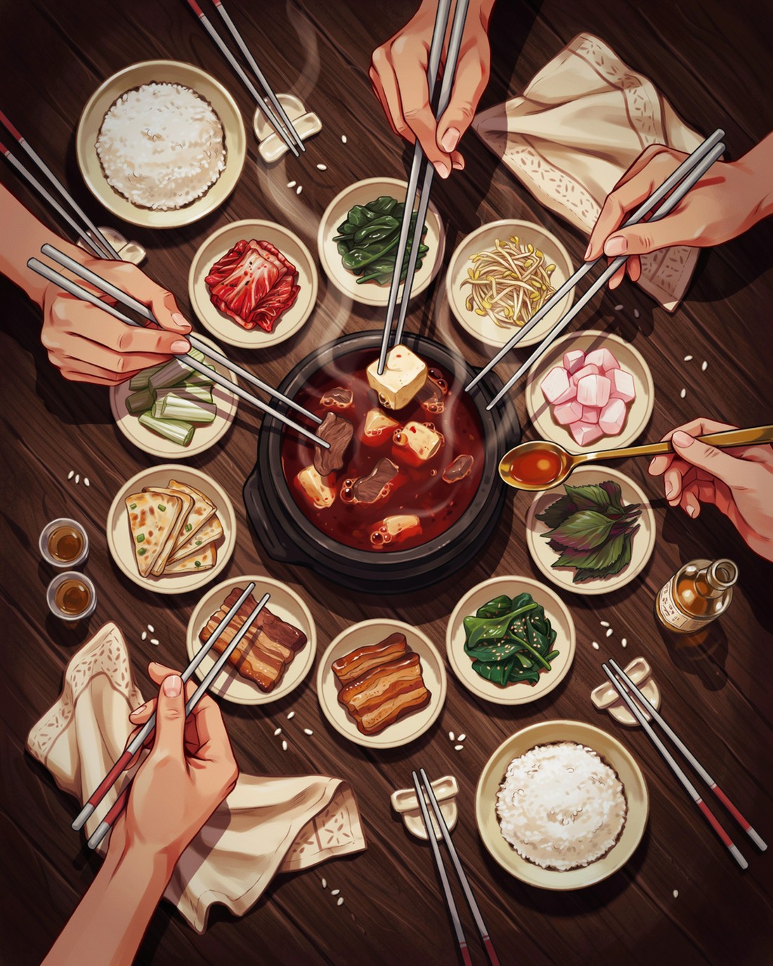 WPA-style illustration of a crowded Korean table seen from above, laden with many small banchan side dishes and a bubbling stone pot of stew in the center, hands reaching in with metal chopsticks, steam rising, warm amber light