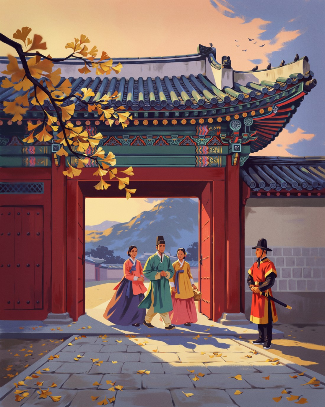 WPA-style illustration of visitors in flowing, brightly colored hanbok walking through the great wooden gate of a Seoul palace with sweeping tiled eaves, a royal guard in a vivid traditional uniform standing at attention, autumn light, a mountain ridge behind