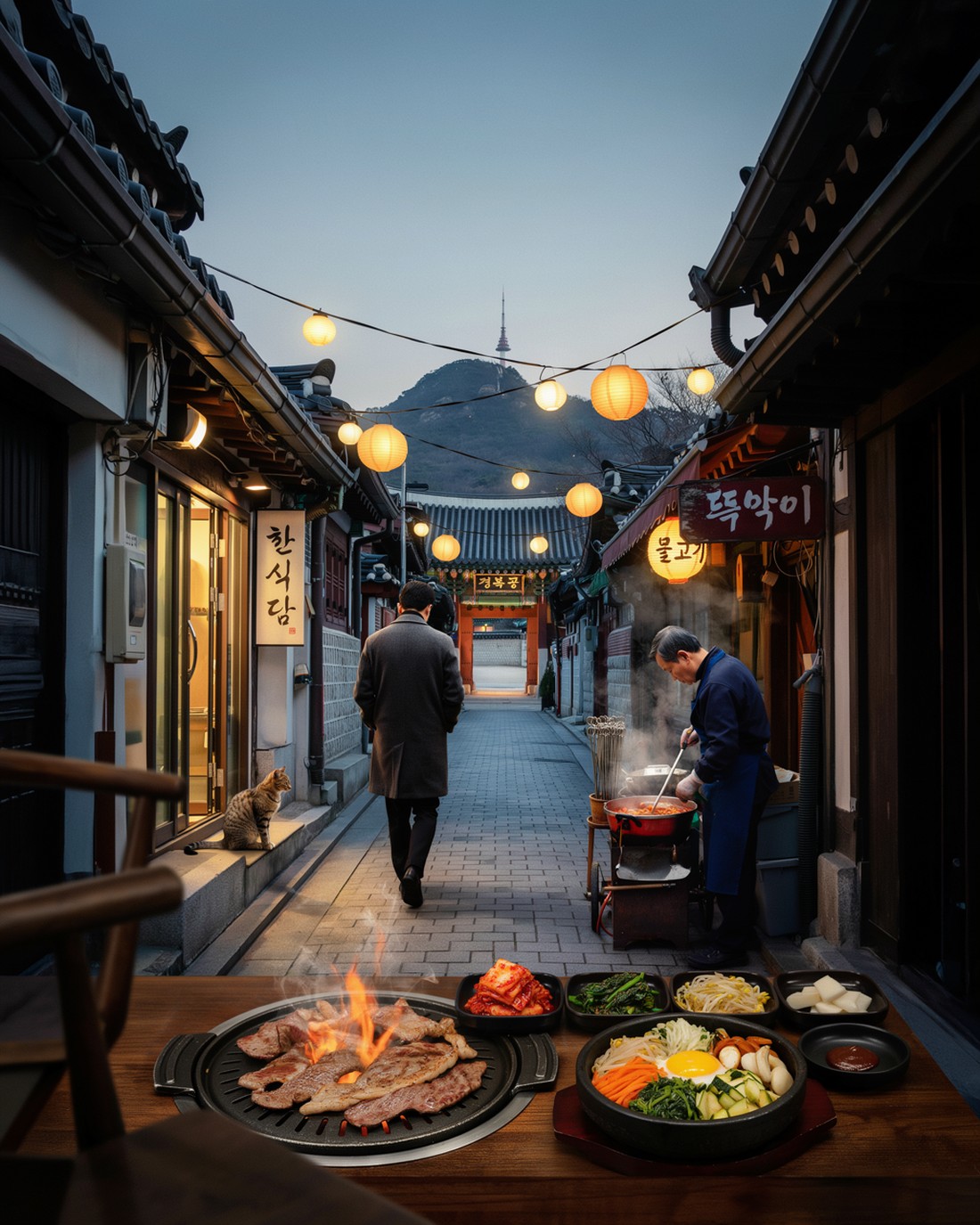 A quiet Seoul street at dusk with curved tiled hanok rooftops, warm paper lanterns and softly glowing shopfront windows overhead, a steaming street cart of tteokbokki and skewers to one side, a lone figure in a coat walking away down the lane toward the lit gate of a royal palace, a mountain ridge and a slender tower in silhouette against an amber sky, and a sizzling tabletop Korean barbecue grill, a stone bowl of bibimbap and a spread of small banchan dishes on a wooden table in the foreground