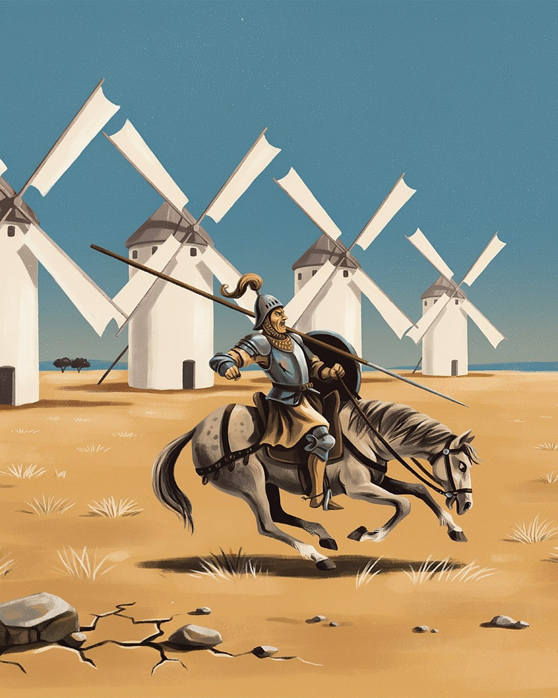 WPA-style illustration of Don Quixote in armor on a bony horse charging a row of windmills, his squire Sancho Panza on a donkey behind, dry gold plain of La Mancha
