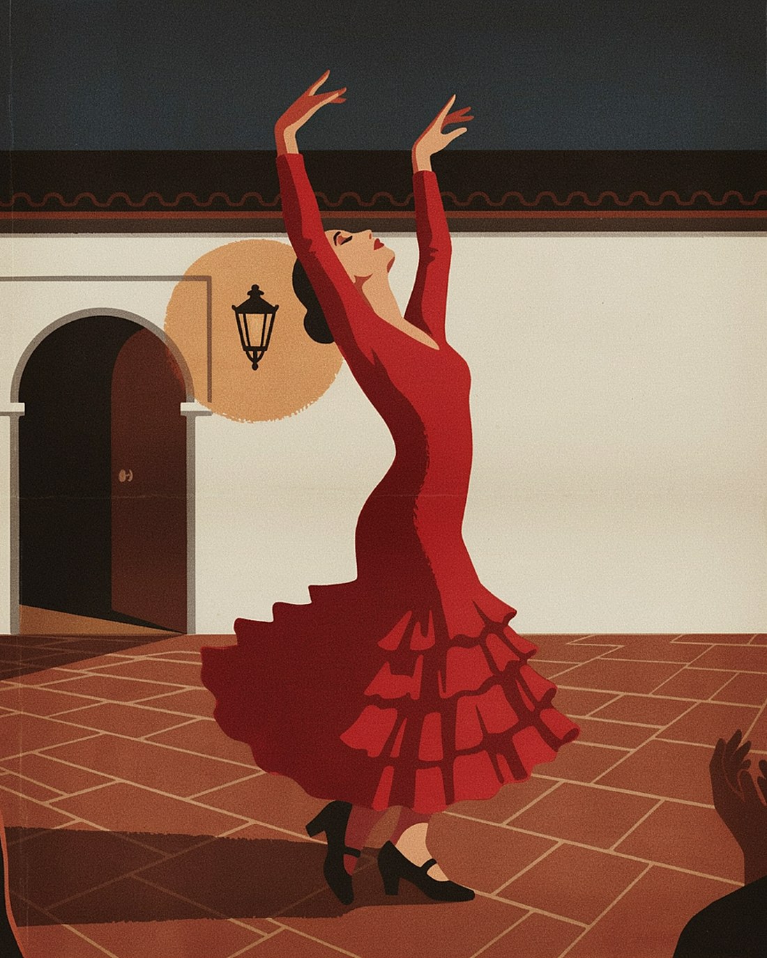 WPA-style illustration of a flamenco dancer in a red ruffled dress mid-stamp, arms raised, a guitarist in shadow in a warm Andalusian courtyard at night