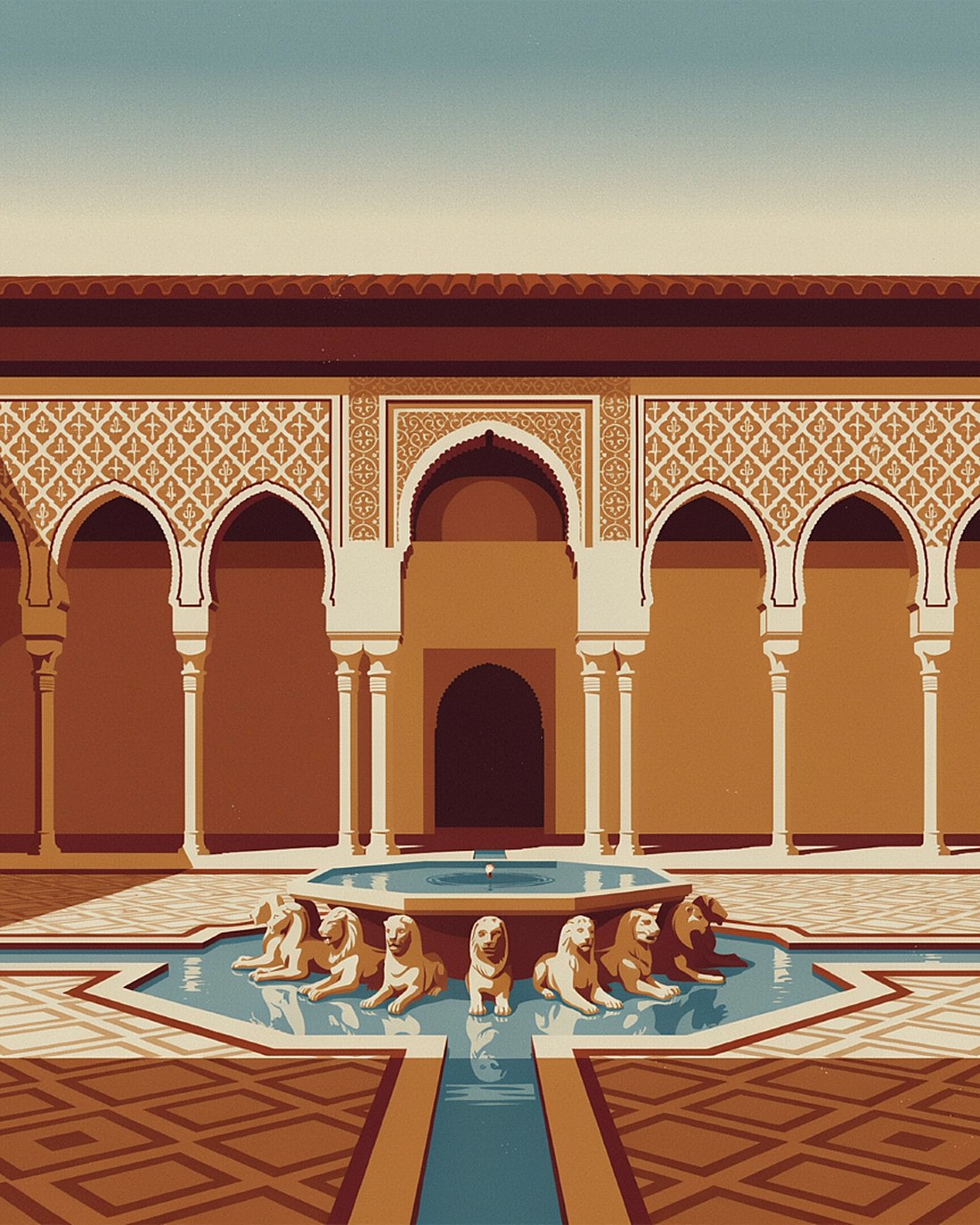 WPA-style illustration of the Court of the Lions in the Alhambra of Granada at golden hour, slender marble arches and the lion fountain, still reflecting pools