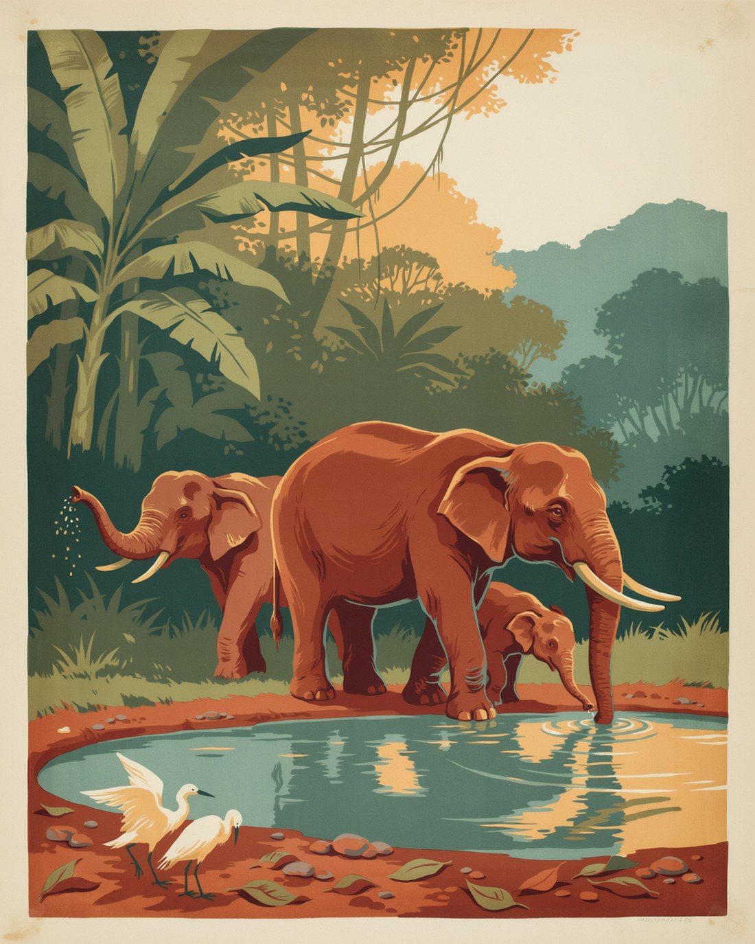 WPA-style illustration of a small herd of elephants, including a calf, drinking and bathing at a jungle waterhole in warm light, with lush green foliage behind and two white egrets on the near bank