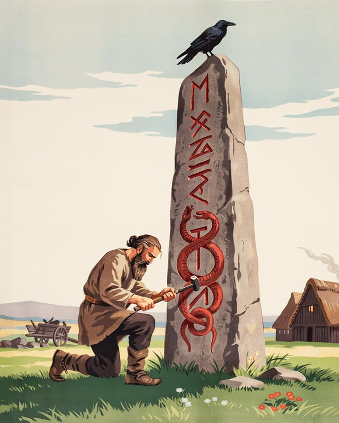 WPA-style illustration of a Viking-age carver kneeling to chisel runes and a coiling serpent into a tall standing stone with the grooves painted red, a raven on top and a wooden hall behind
