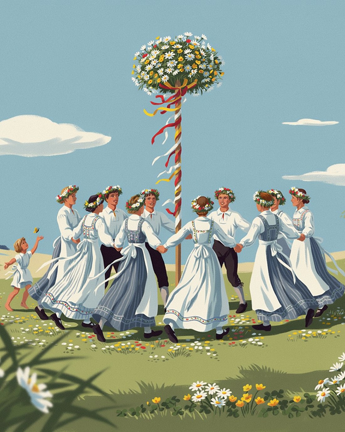 WPA-style illustration of people in white folk dress and crowns of wildflowers dancing hand in hand in a ring around a flower-decked maypole in a bright green summer meadow