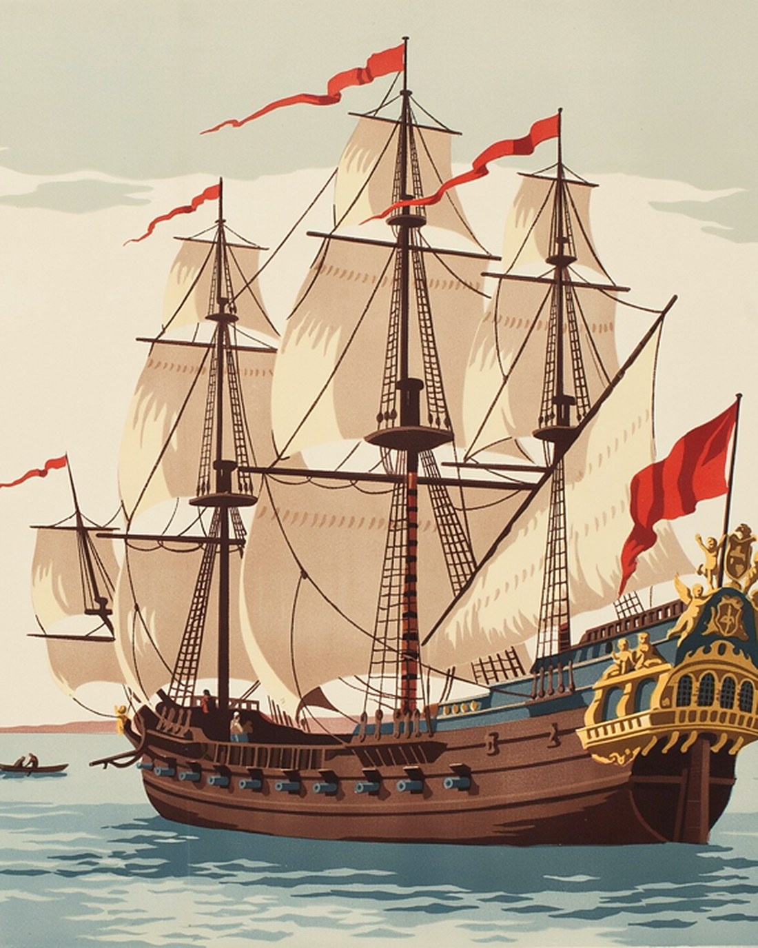 WPA-style illustration of a great ornately carved 17th-century wooden warship with towering masts, a gilded stern and rows of cannon ports setting out across a calm harbor with sails filling