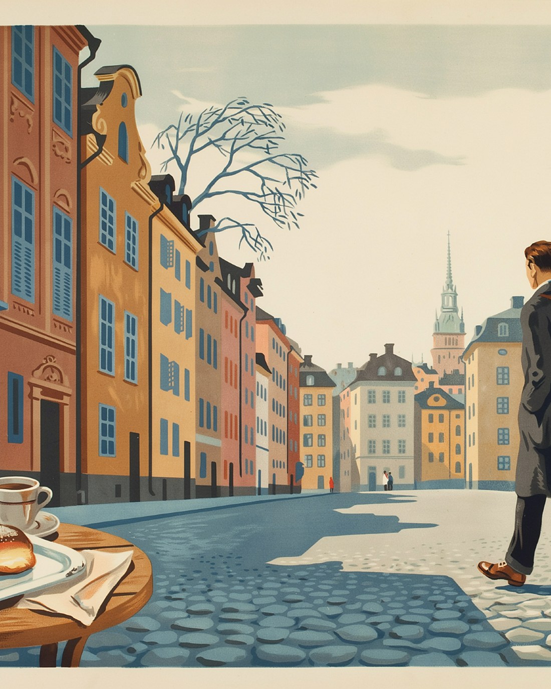 A quiet cobbled street in Stockholm's Gamla Stan old town under a pale winter sky, ochre and pink townhouses with blue shutters lining the left, a green copper church spire in the distance, a lone man in a grey overcoat walking away over the cobbles, and a cup of coffee with a sweet bun on a small round cafe table in the foreground